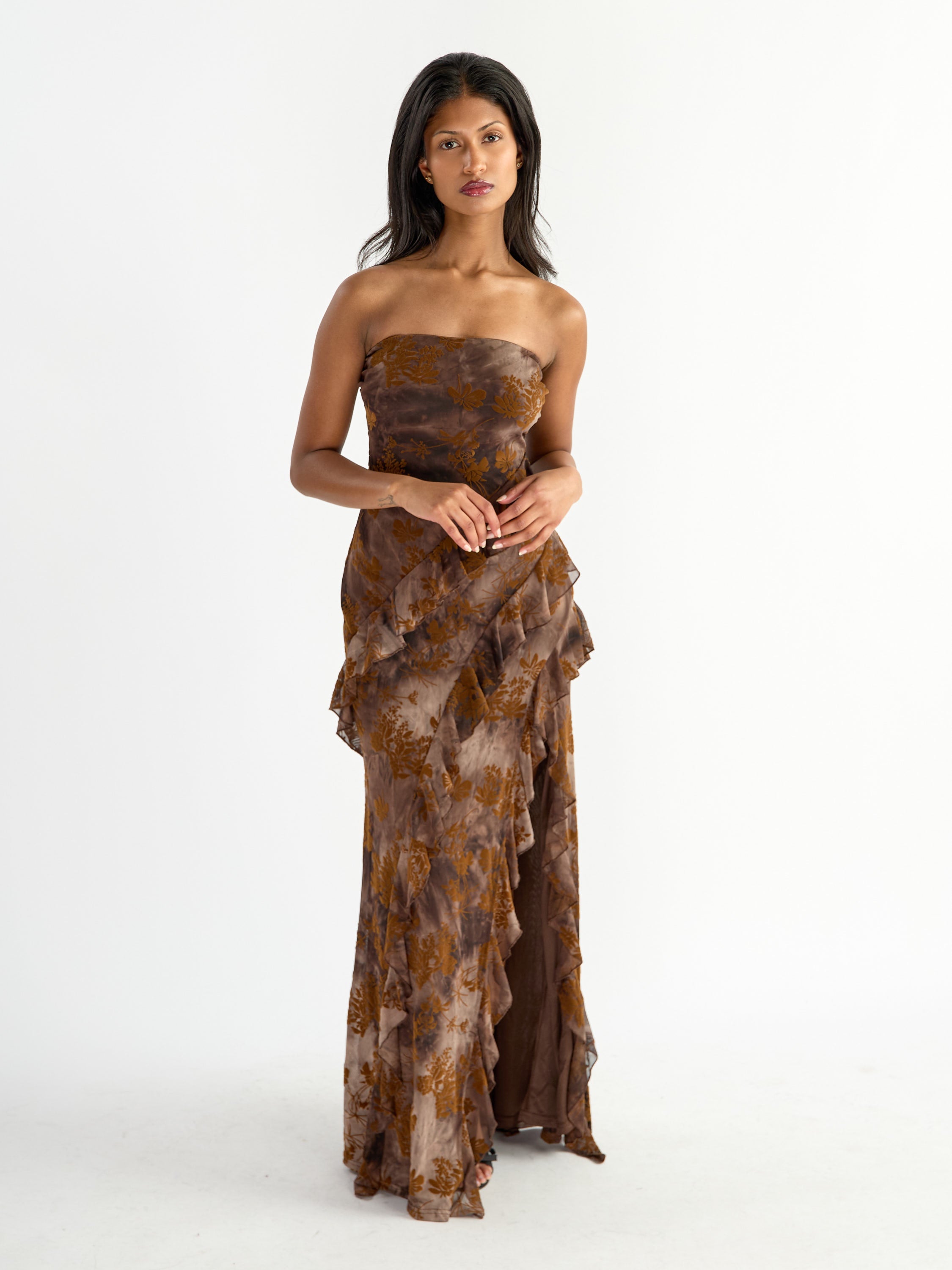 R&B Ruffle Strapless Mesh Maxi Dress