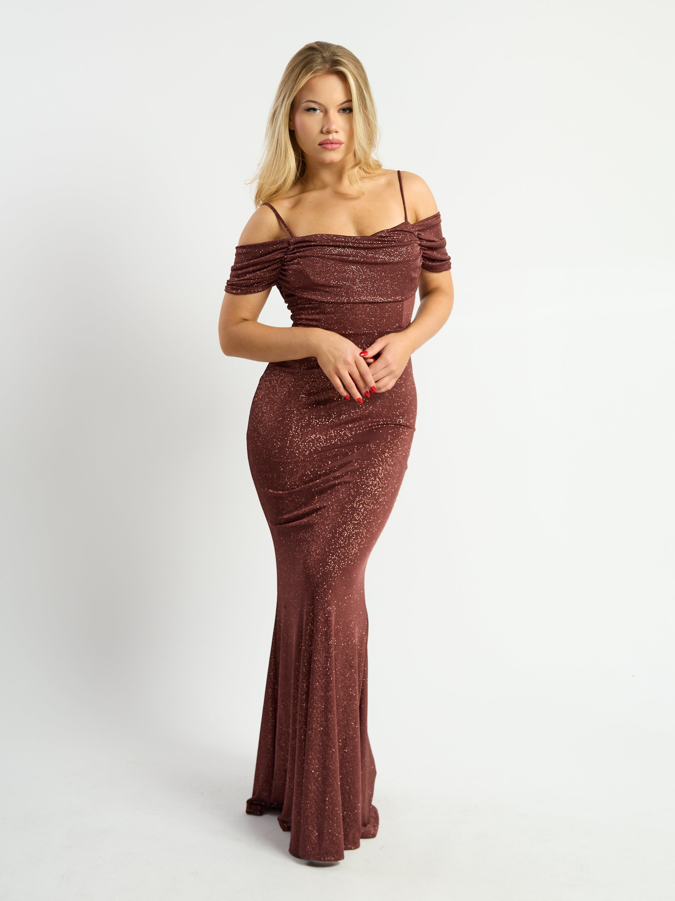 Rachel Off-Shoulder Slinky Glitter Maxi Dress