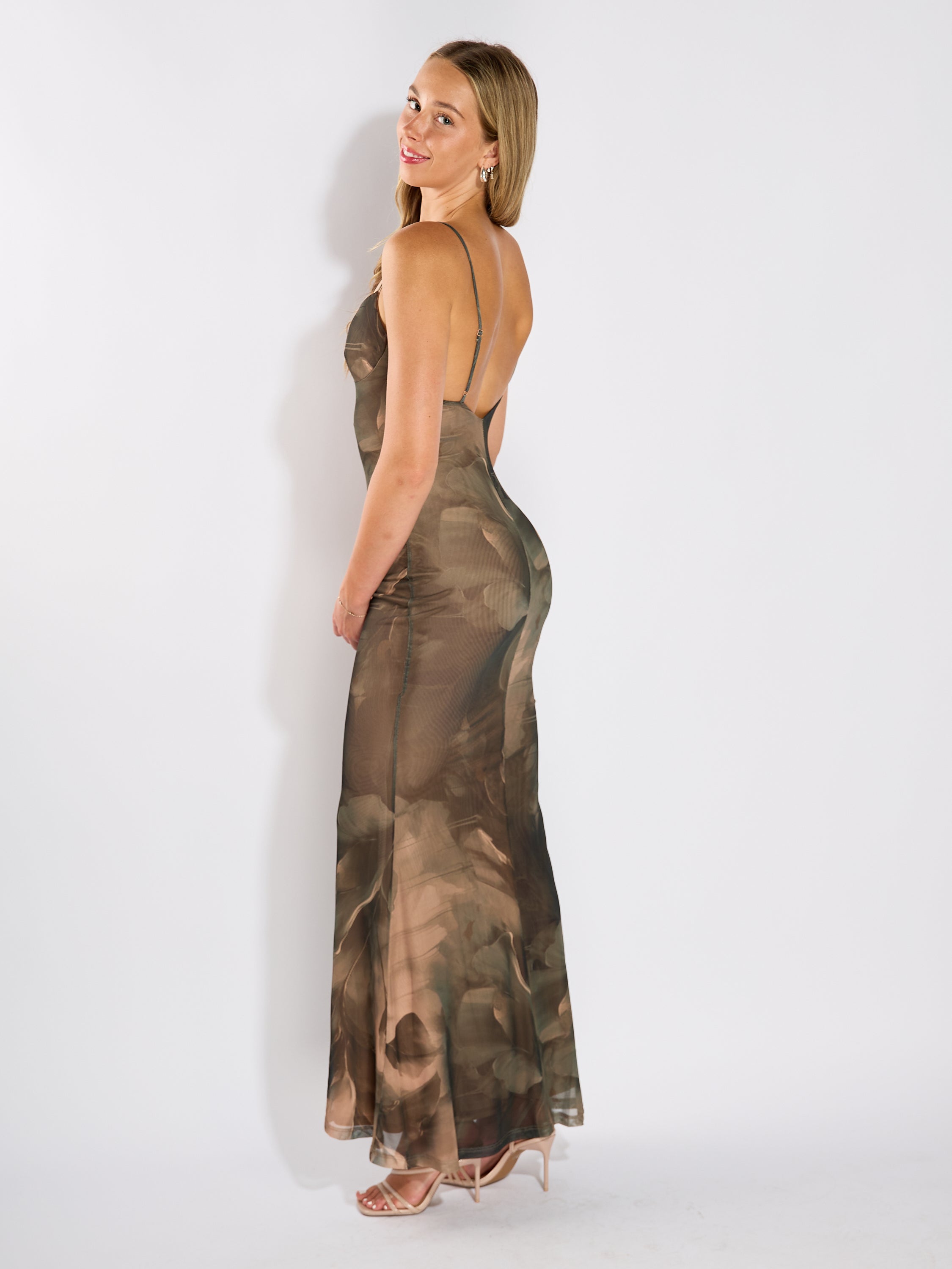 Aubree Moss Floral Mesh Maxi Dress