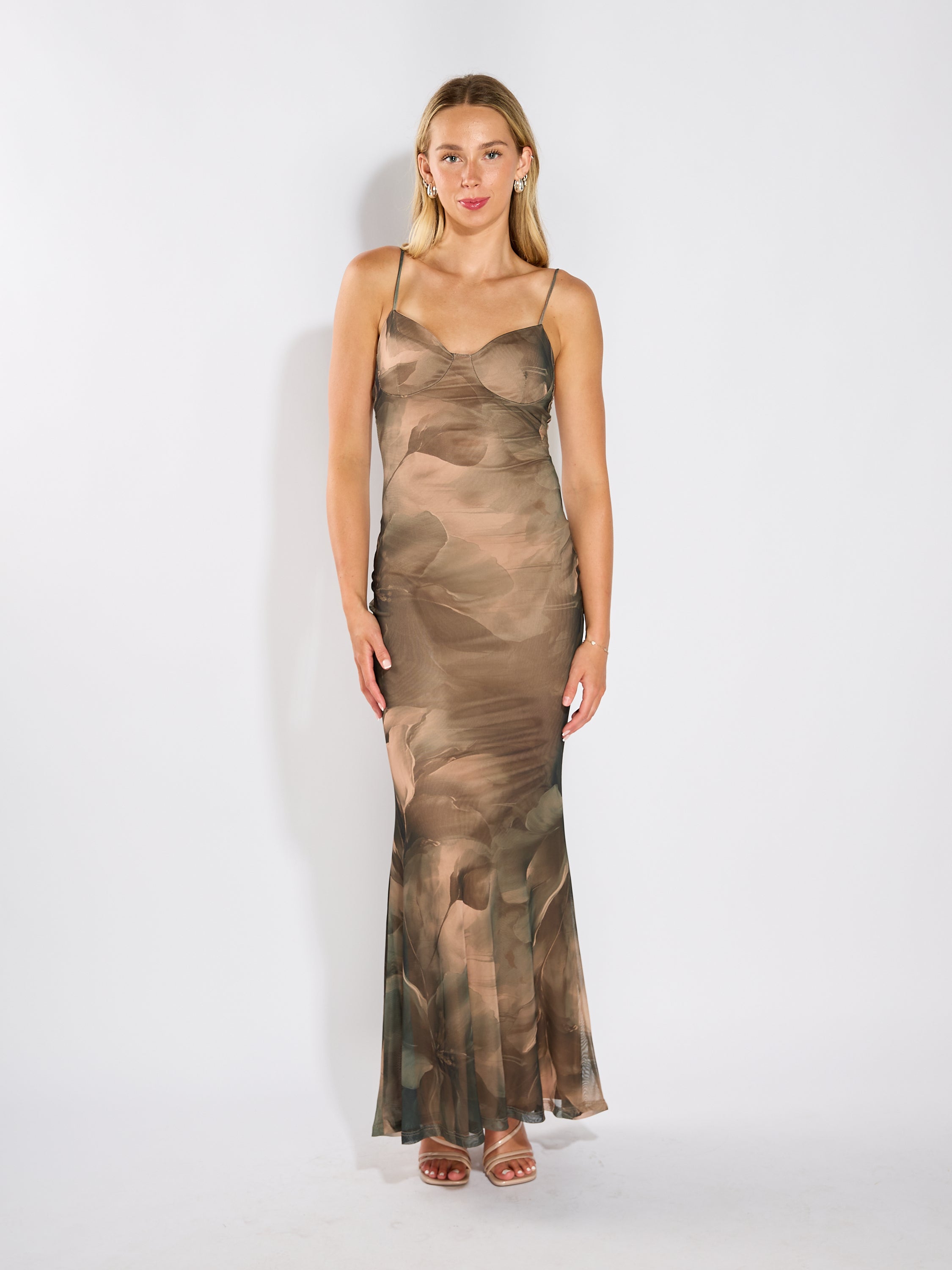 Aubree Moss Floral Mesh Maxi Dress