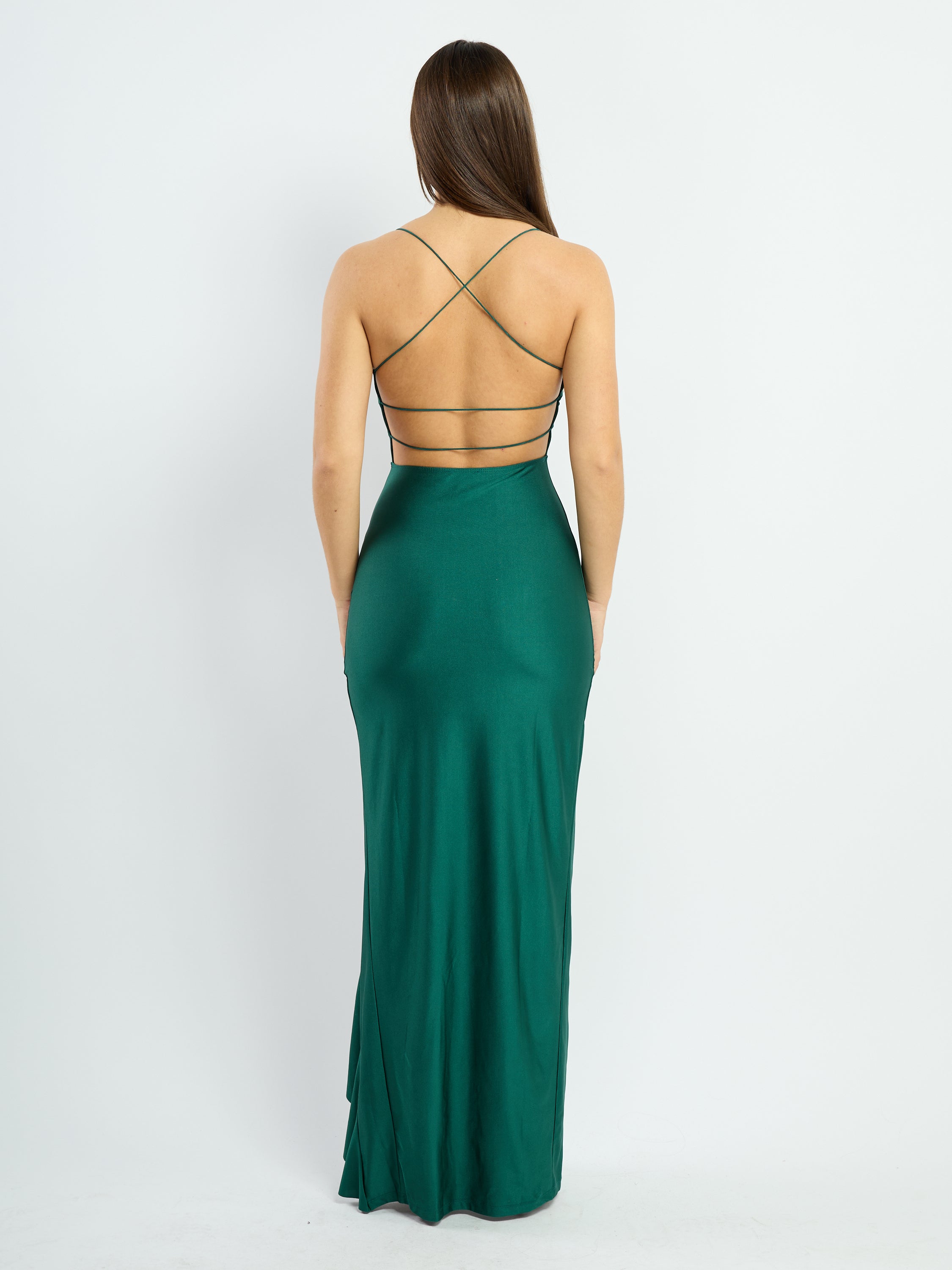 Maria KS Ruffle Slit X-Back Dress