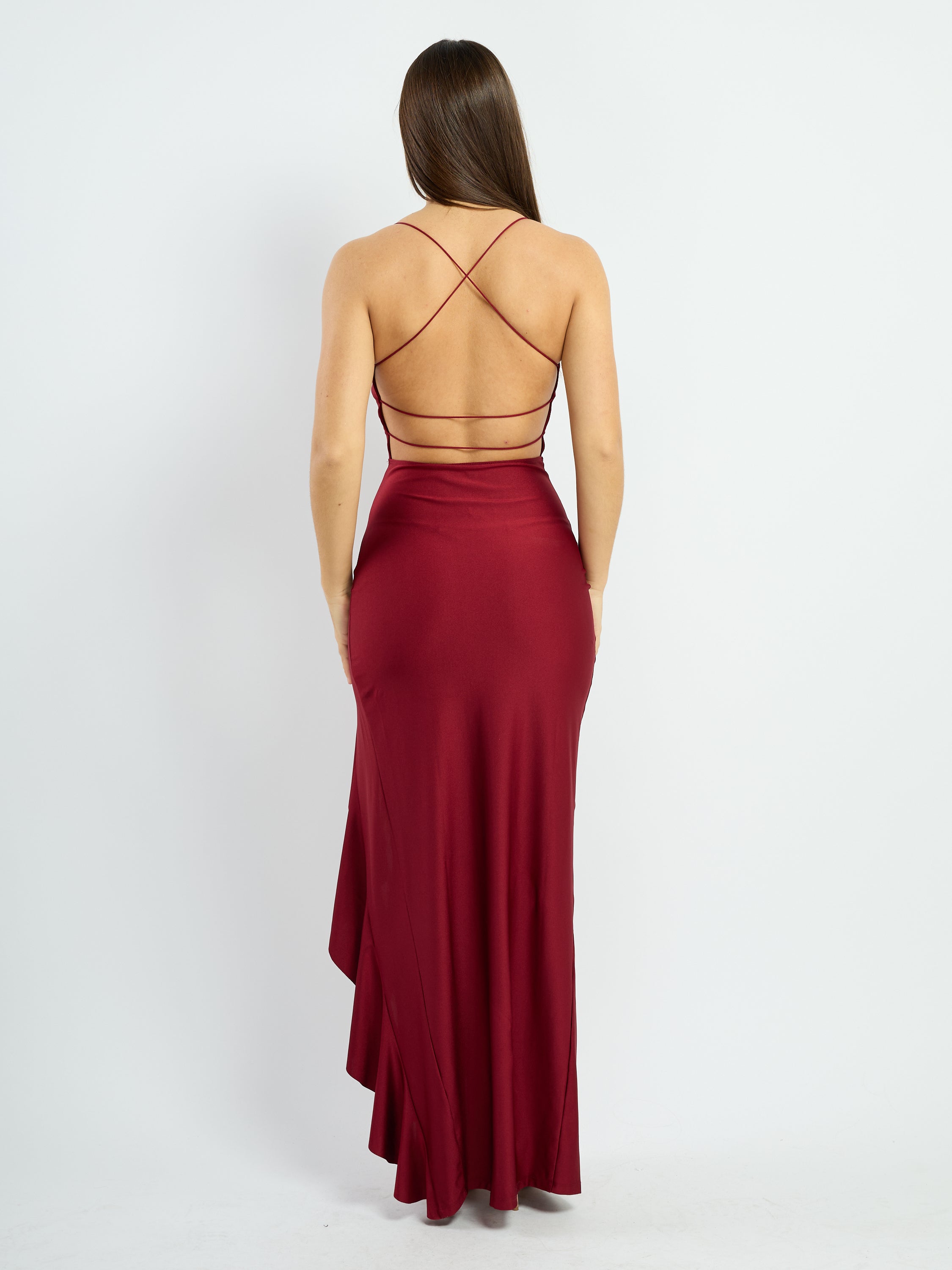 Maria KS Ruffle Slit X-Back Dress