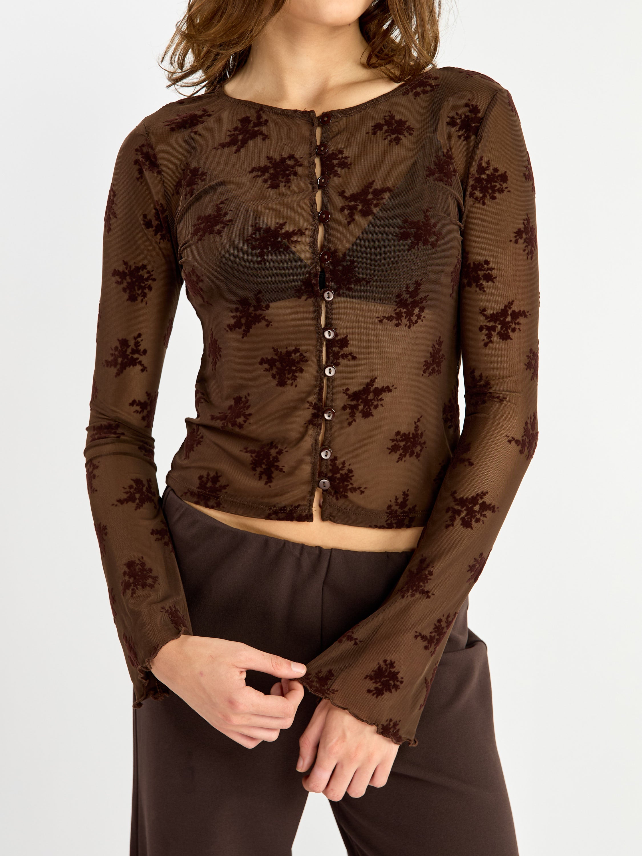 Linette Floral Flocked Mesh Long Sleeve Top
