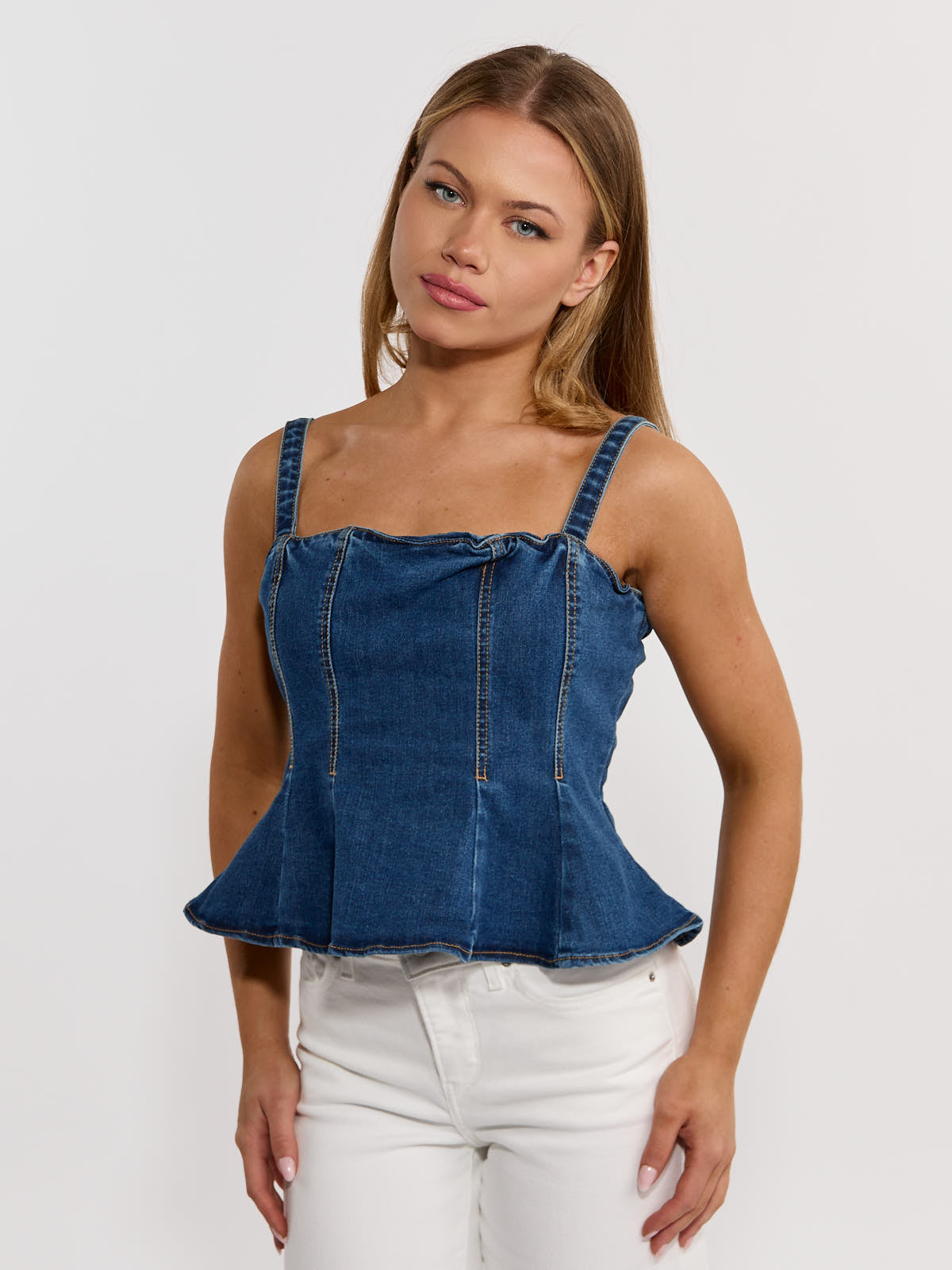 Denim Peplum Sleeveless Top – envy+grace