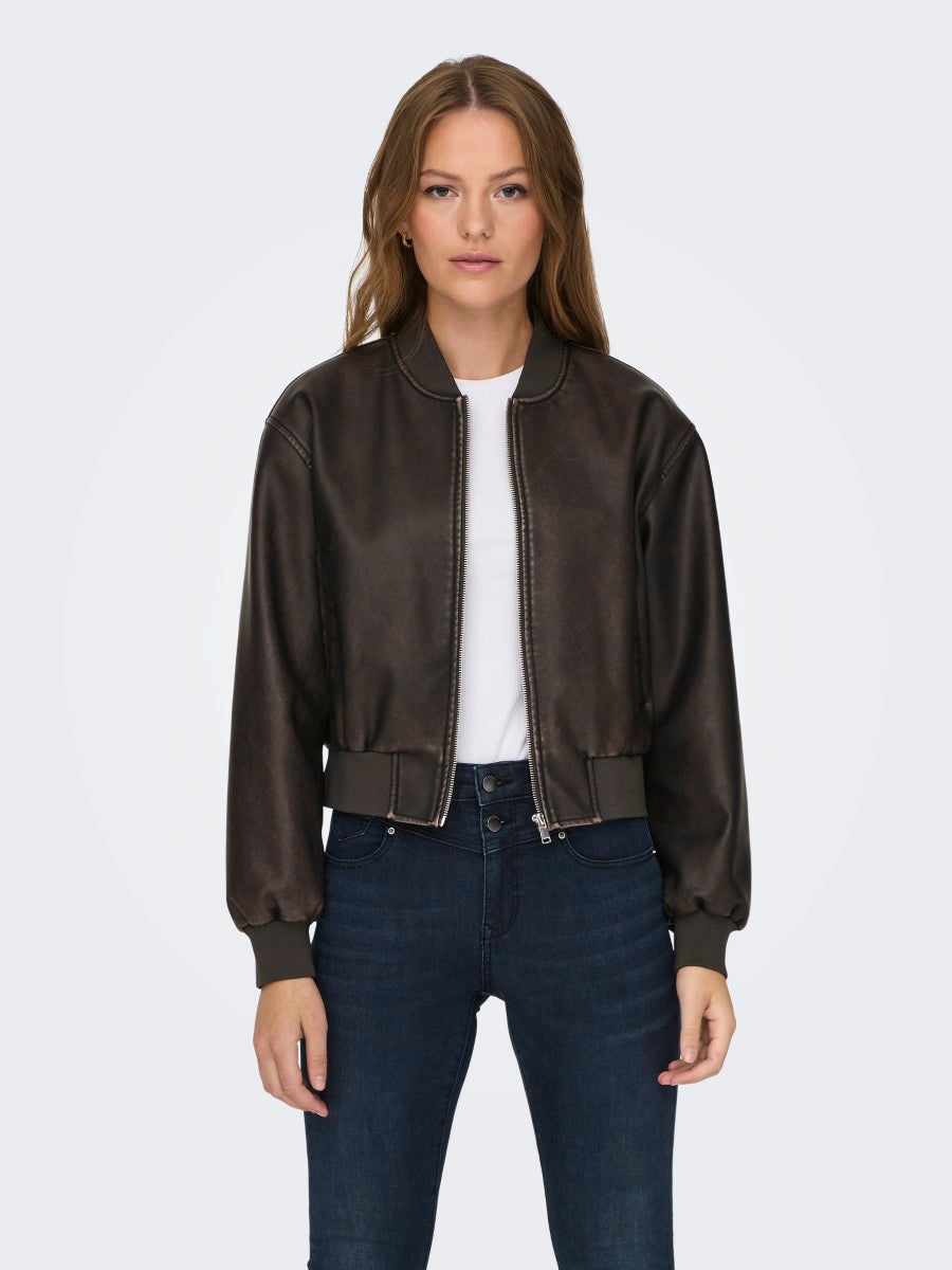 Jane Faux Leather Washed Bomber Jacket