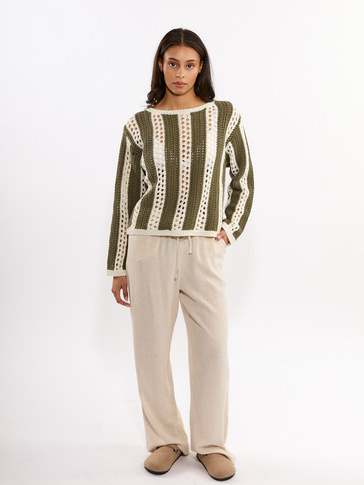 Mallorca Stripe Crochet Long Sleeves Top
