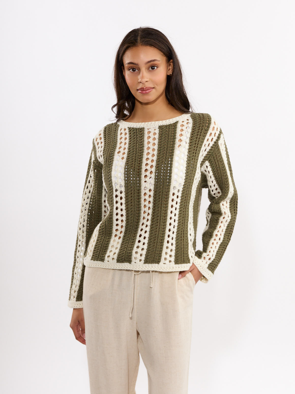 Mallorca Stripe Crochet Long Sleeves Top