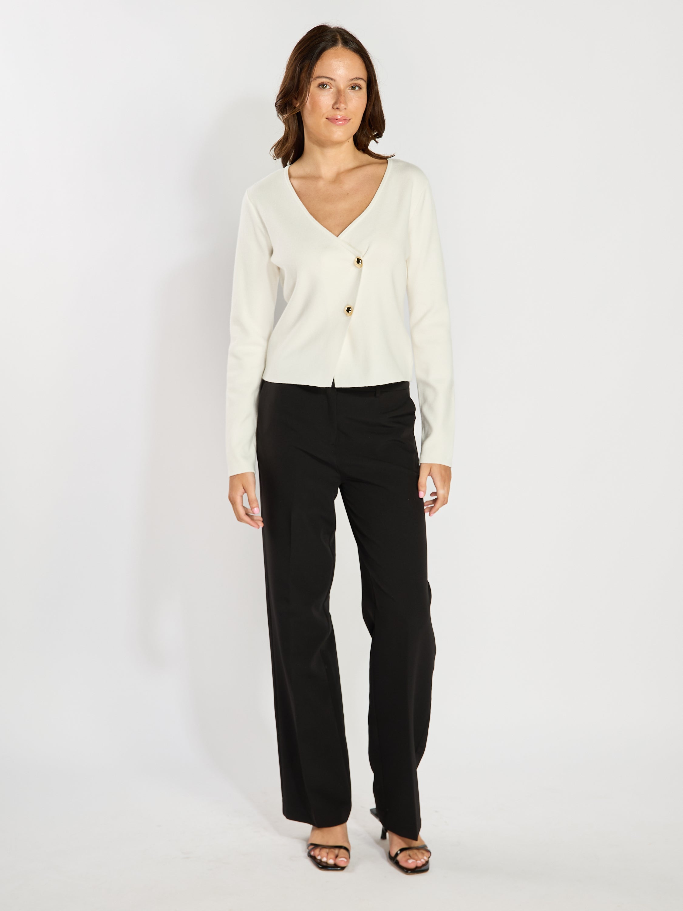 Zia Asymmetrical Sweater with Gold Buttons