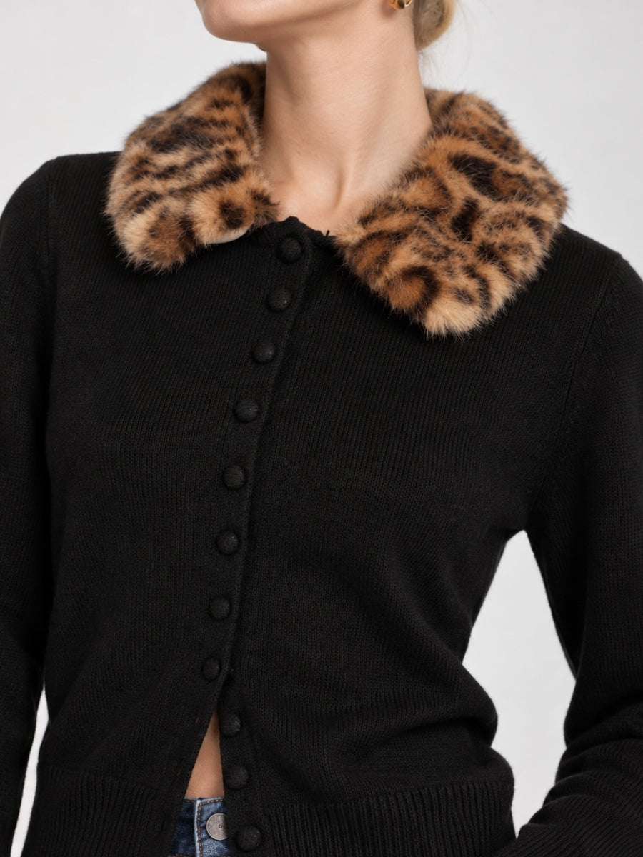 Brooke Leopard Collar Long Sleeve Button-Up Sweater
