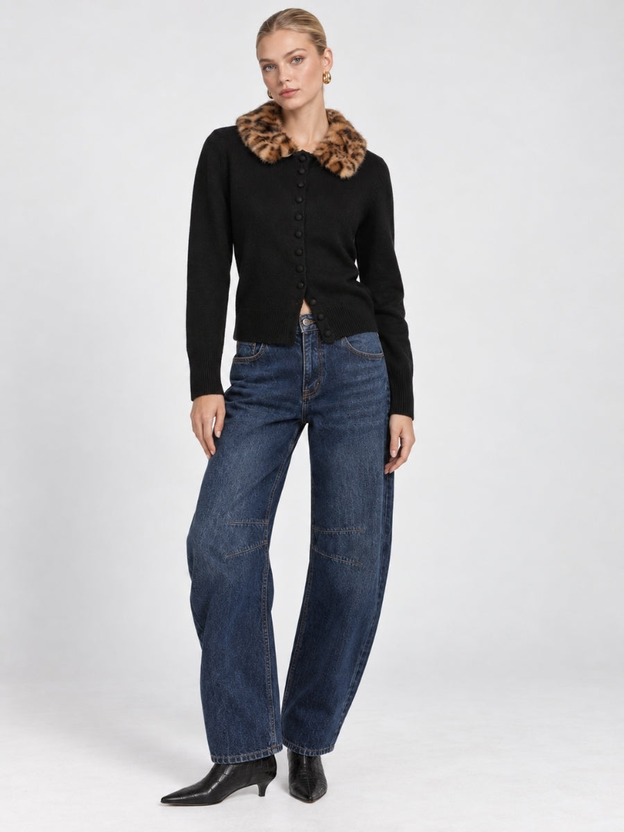 Brooke Leopard Collar Long Sleeve Button-Up Sweater