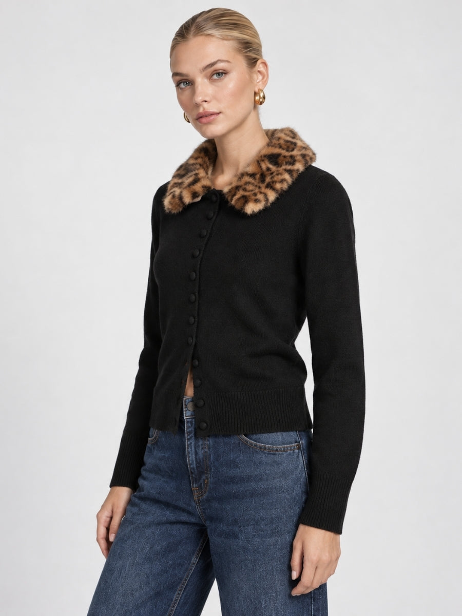 Brooke Leopard Collar Long Sleeve Button-Up Sweater