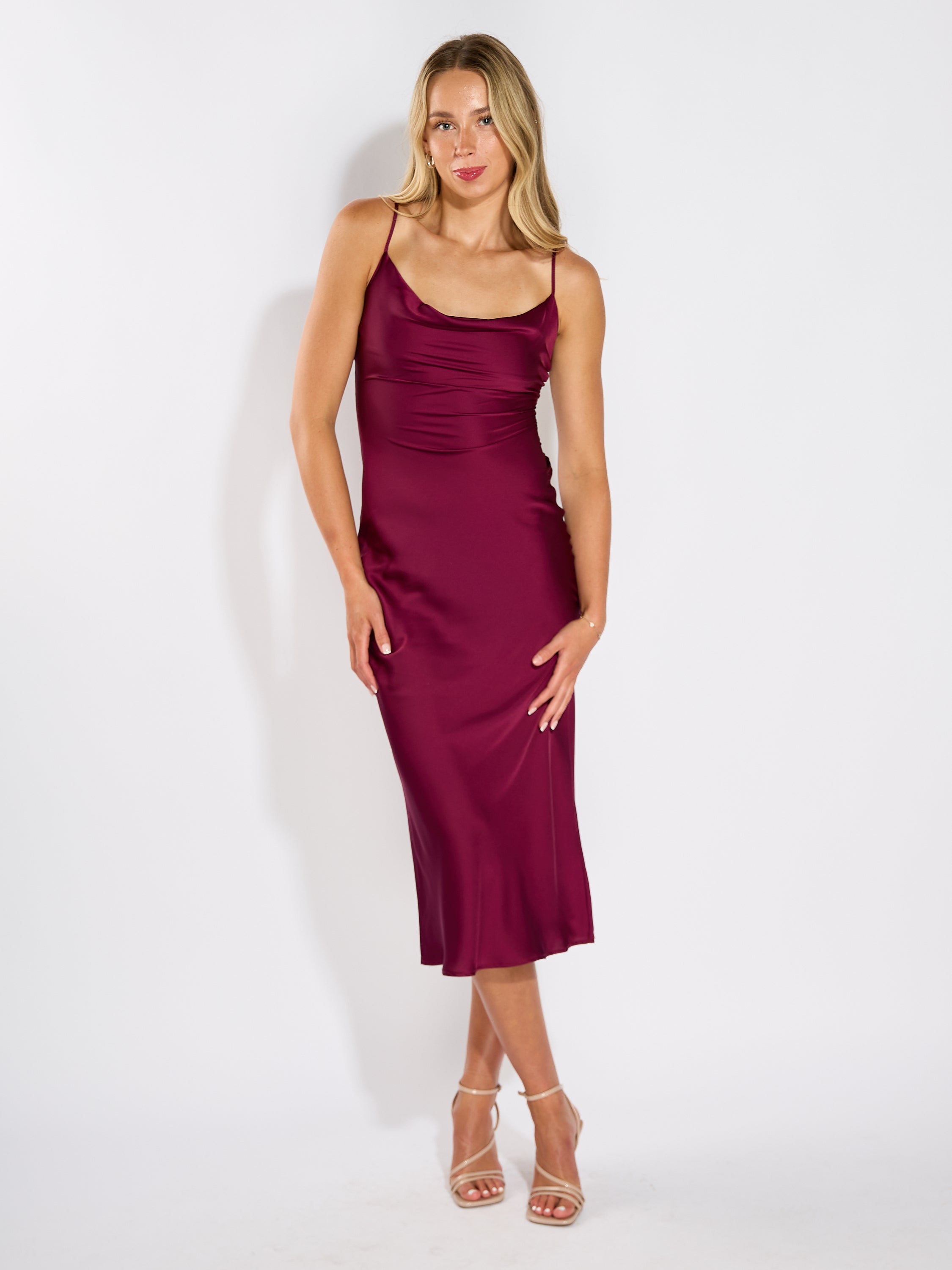 Kyle Solid Satin Cowl Neck Maxi Dress