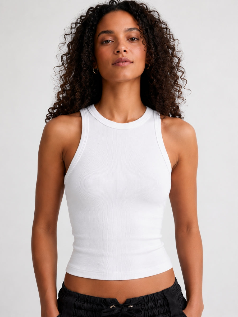 Fine Ribbed Seamless High Neck Tank Top