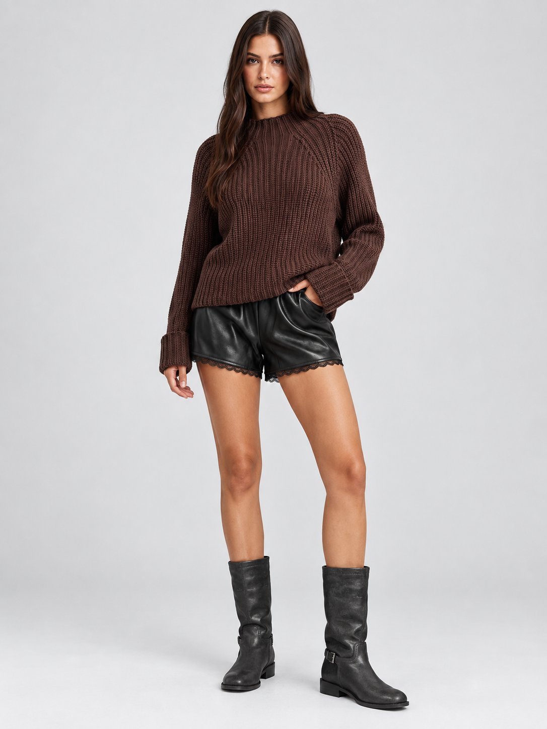 Faux Leather Elastic Lace Hem Short