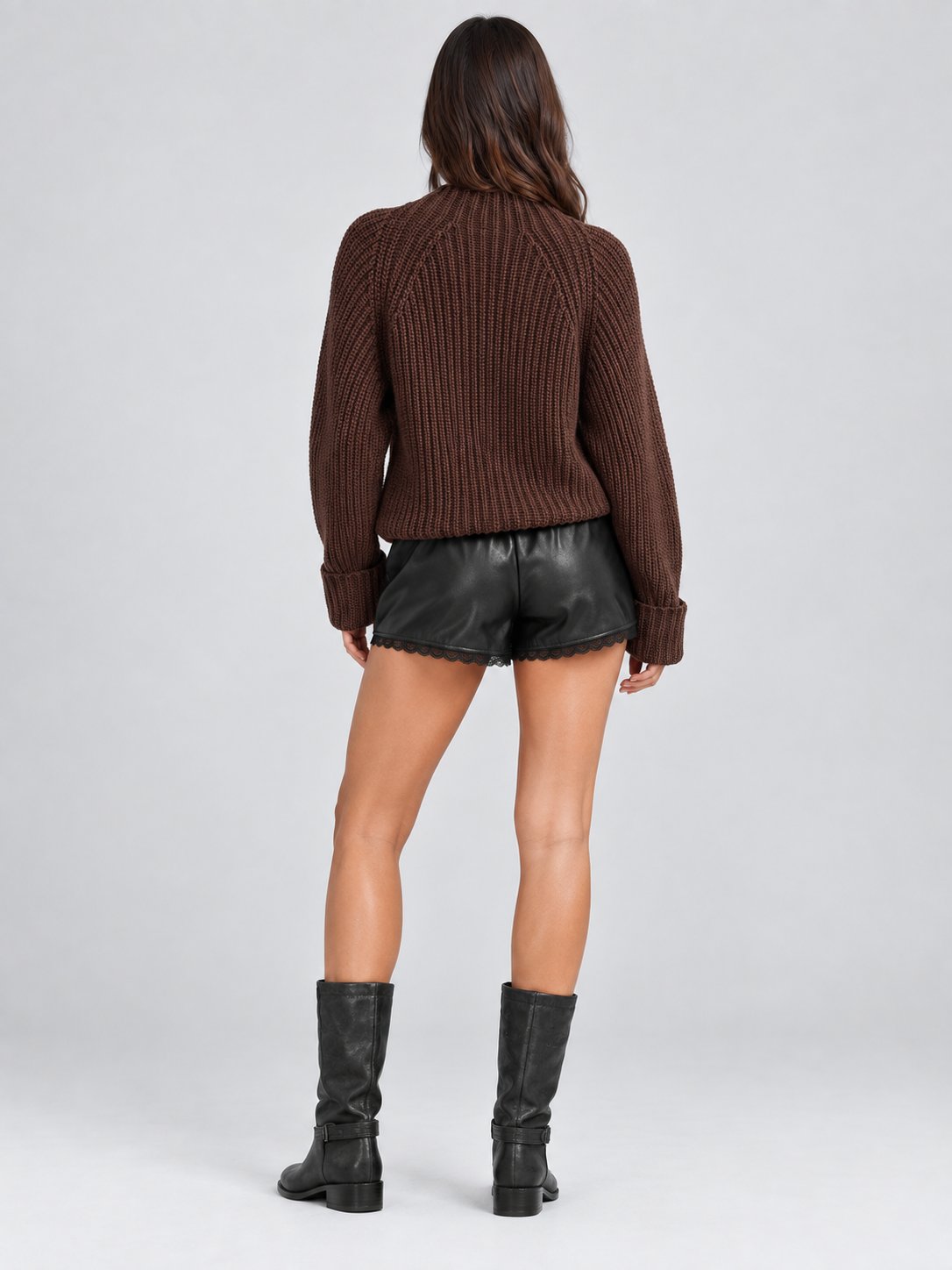 Faux Leather Elastic Lace Hem Short