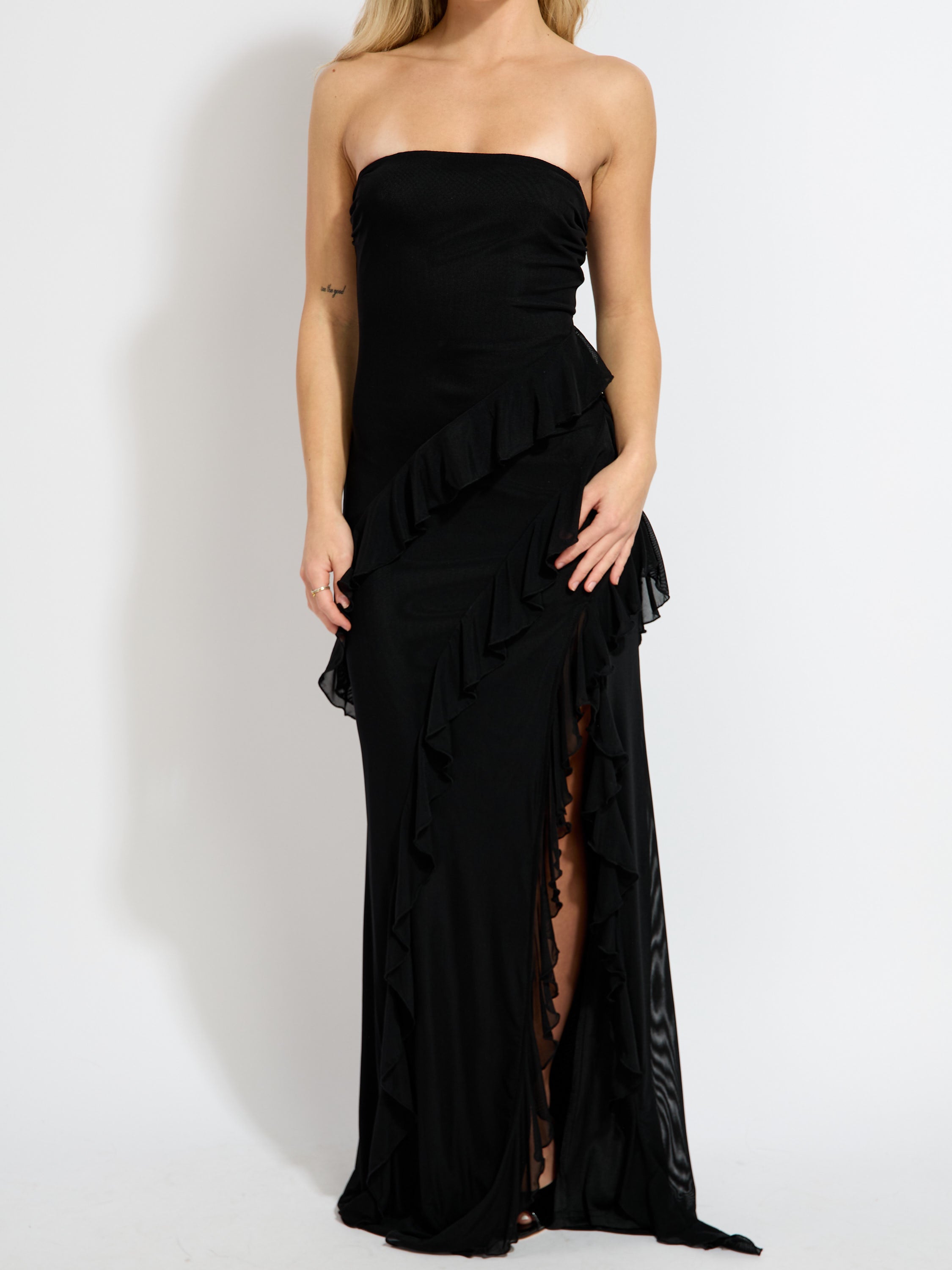 R&B Ruffle Solid Strapless Maxi Dress