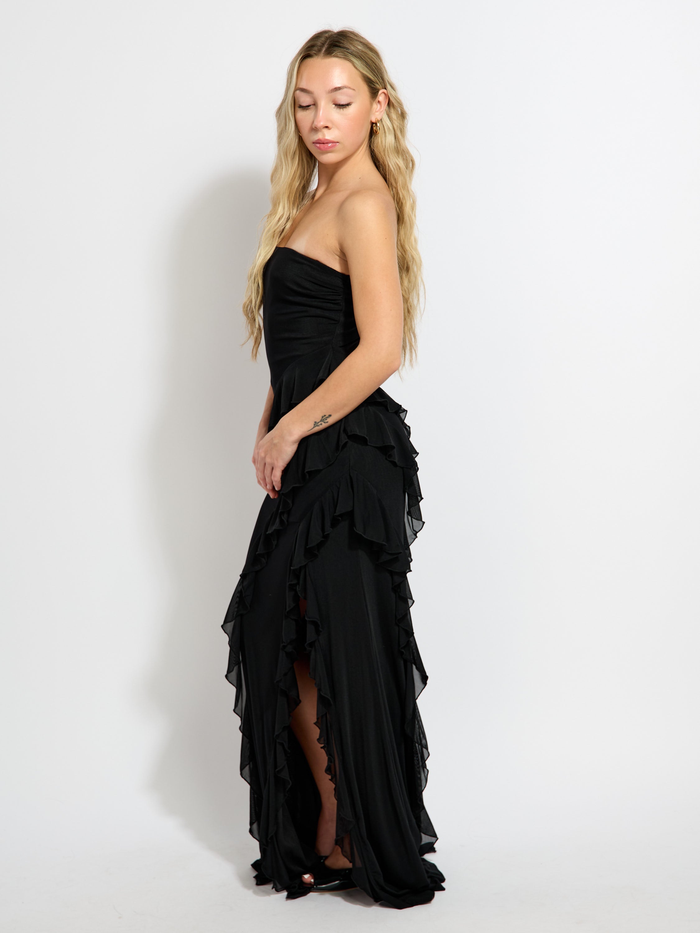 R&B Ruffle Solid Strapless Maxi Dress