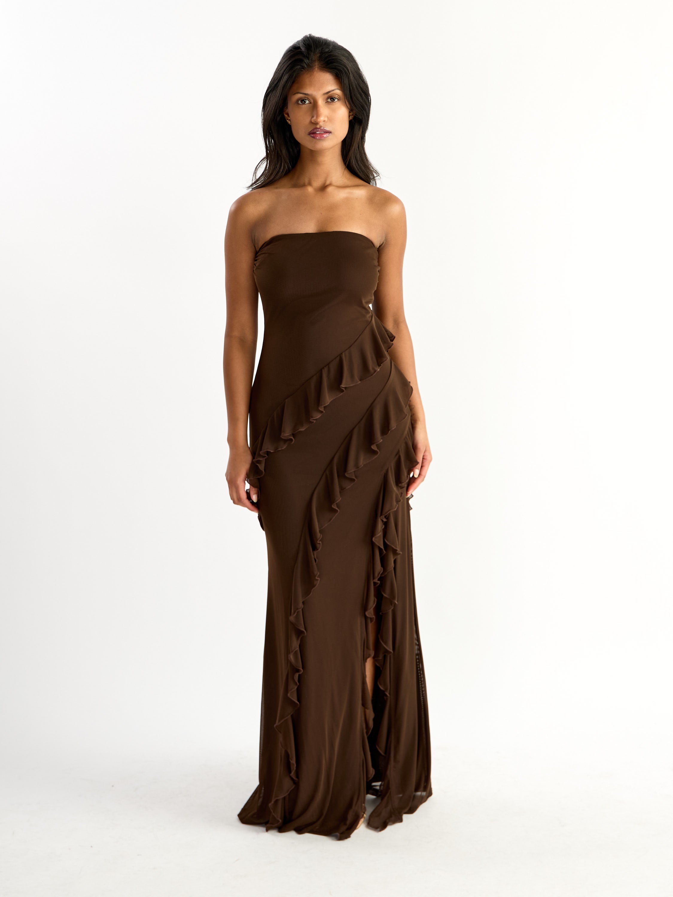 R&B Ruffle Solid Strapless Maxi Dress
