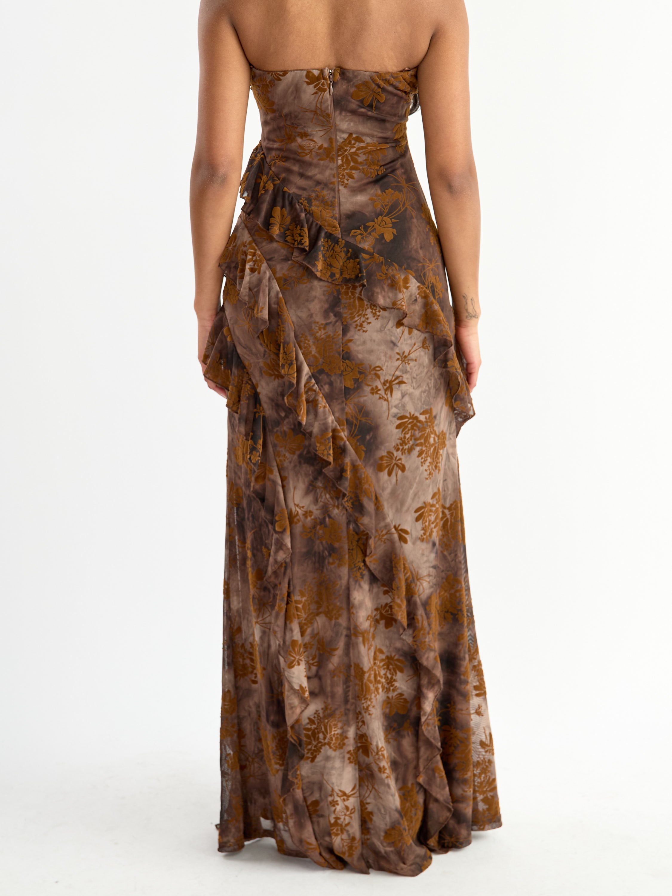 R&B Ruffle Strapless Mesh Maxi Dress