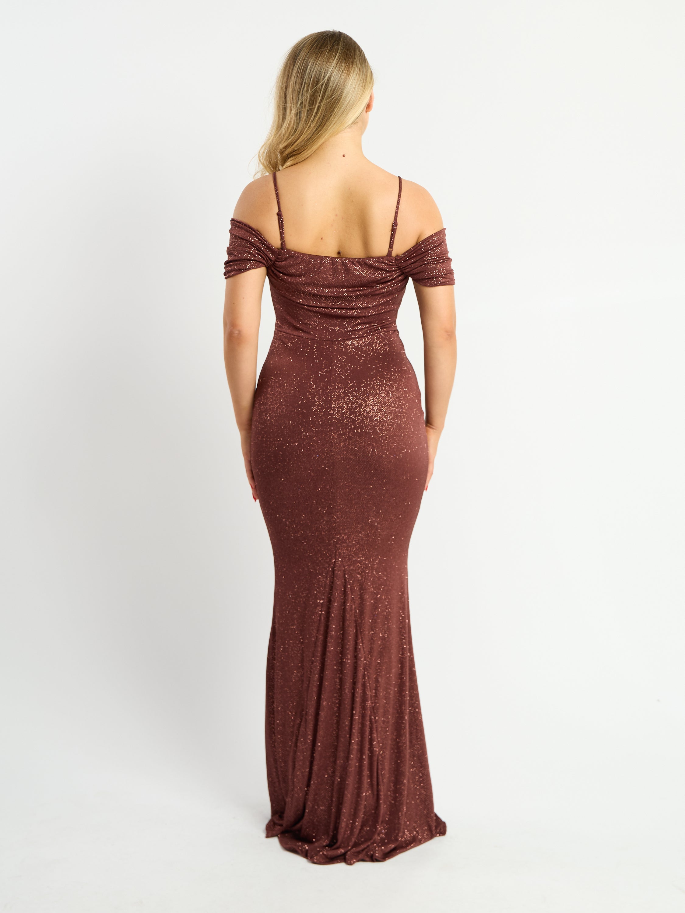 Rachel Off-Shoulder Slinky Glitter Maxi Dress