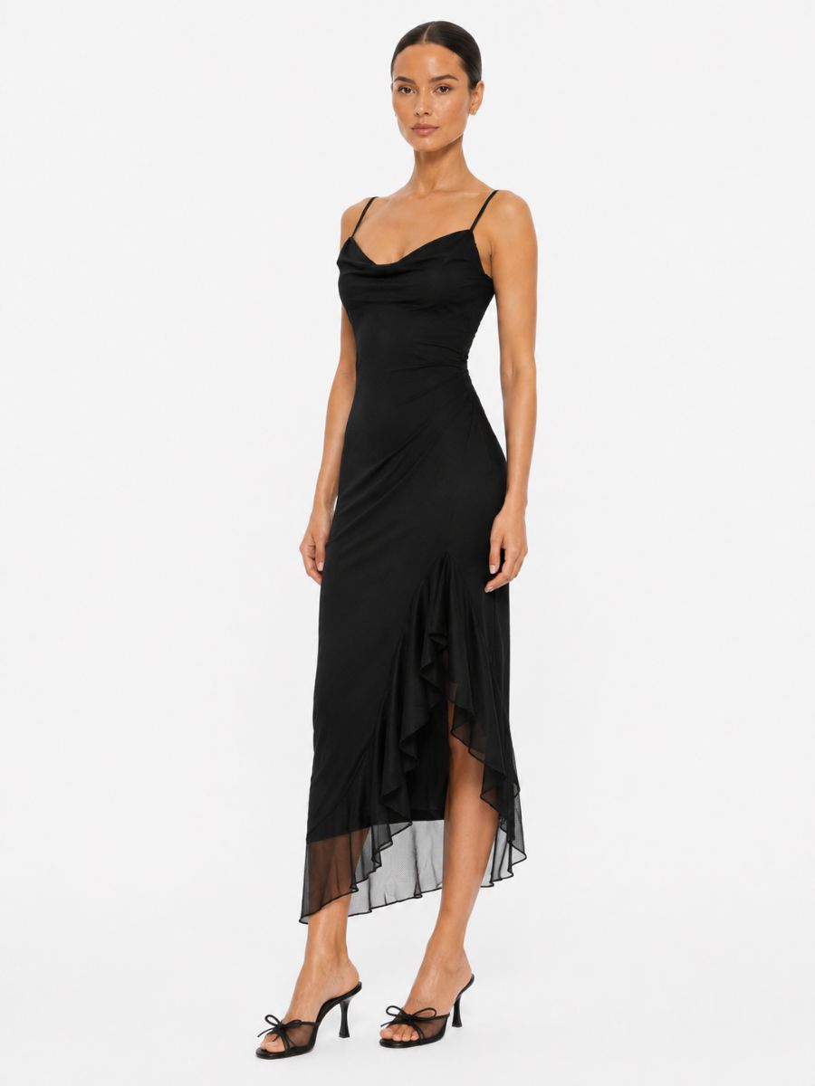 Mariah Solid Mesh Ruffle Midi Dress