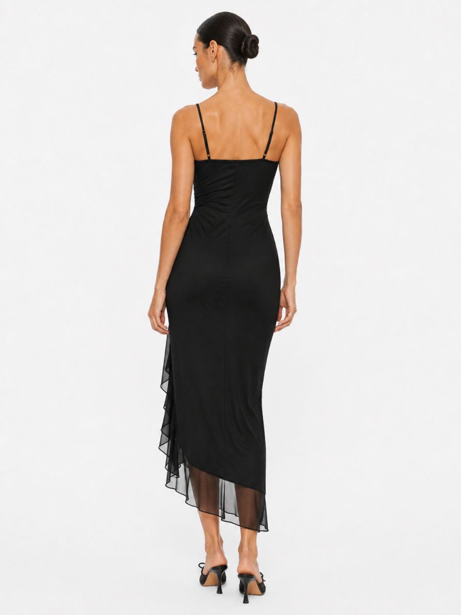 Mariah Solid Mesh Ruffle Midi Dress