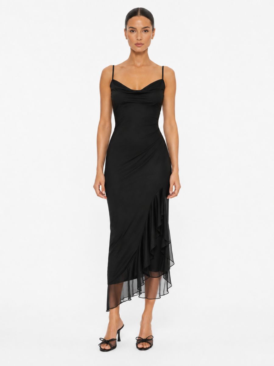 Mariah Solid Mesh Ruffle Midi Dress