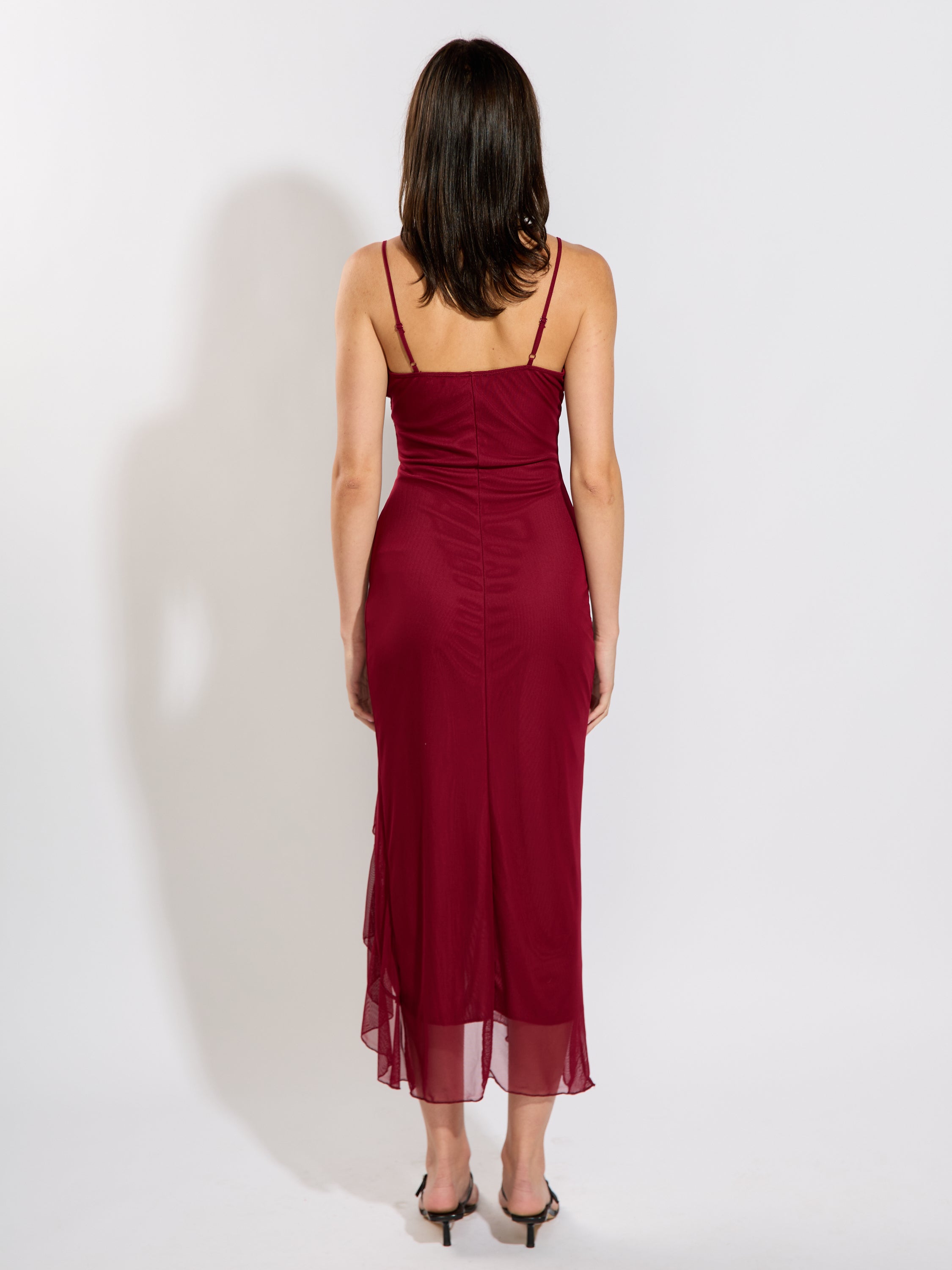 Mariah Solid Mesh Ruffle Midi Dress