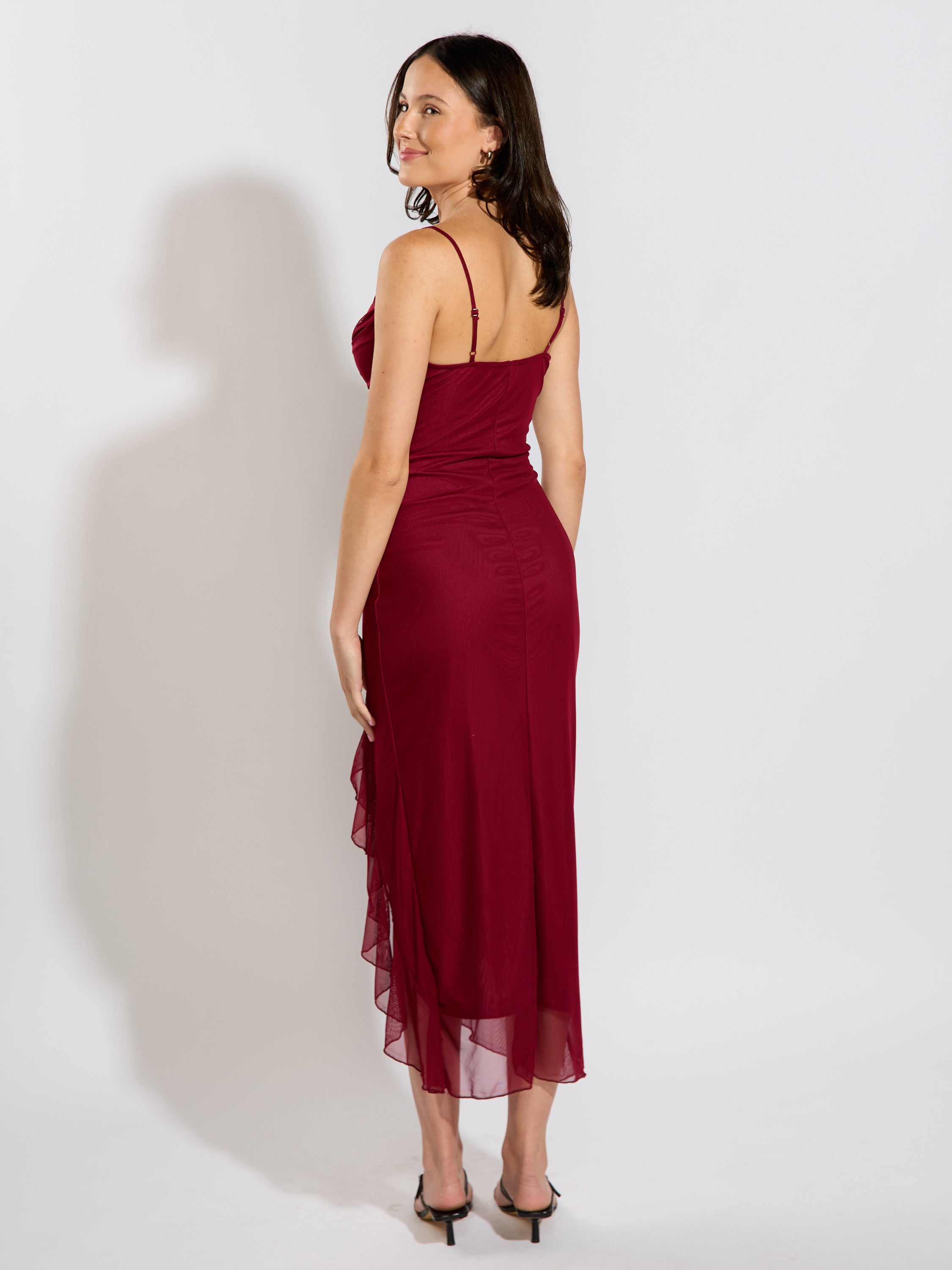 Mariah Solid Mesh Ruffle Midi Dress