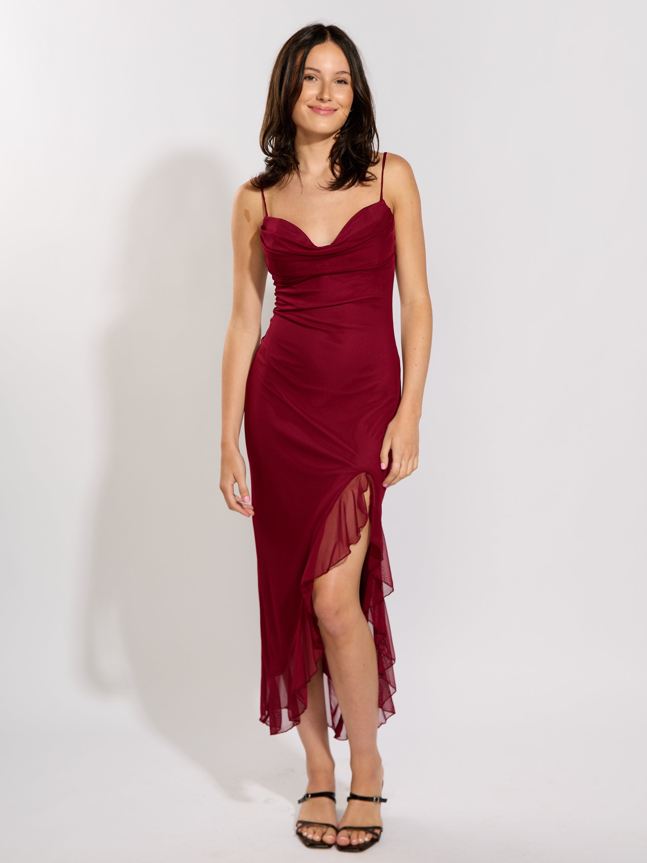 Mariah Solid Mesh Ruffle Midi Dress