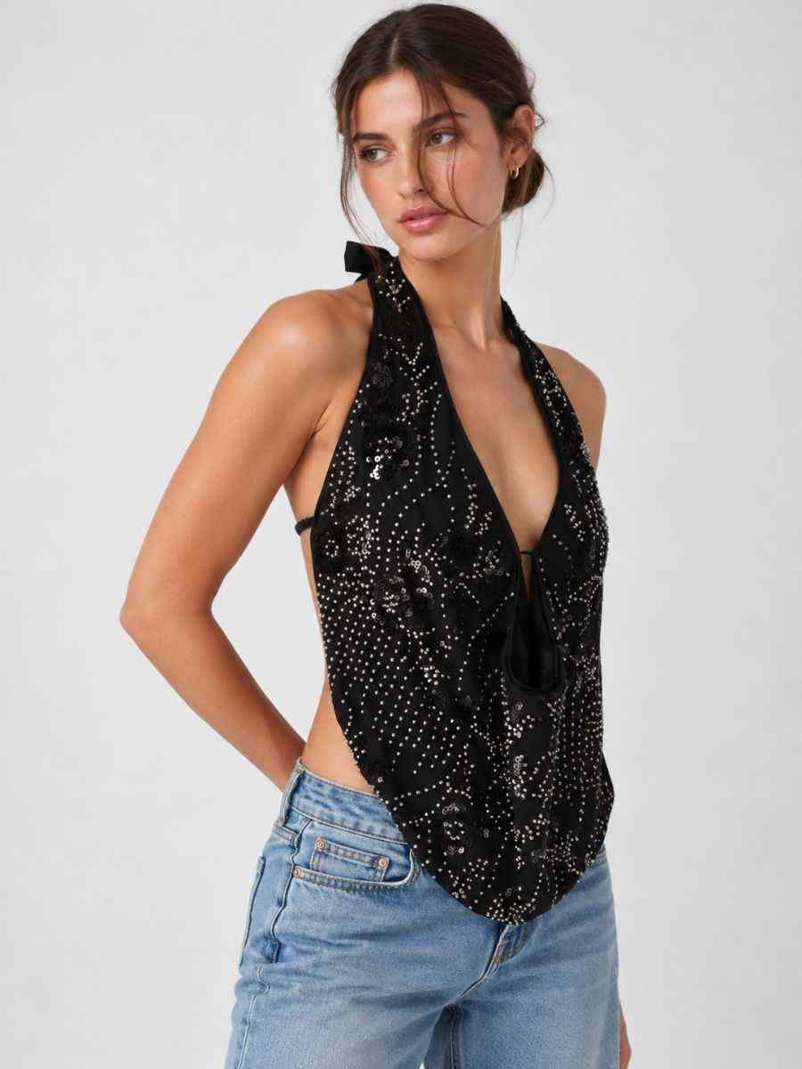 Paula Beaded Sequin Halter Top