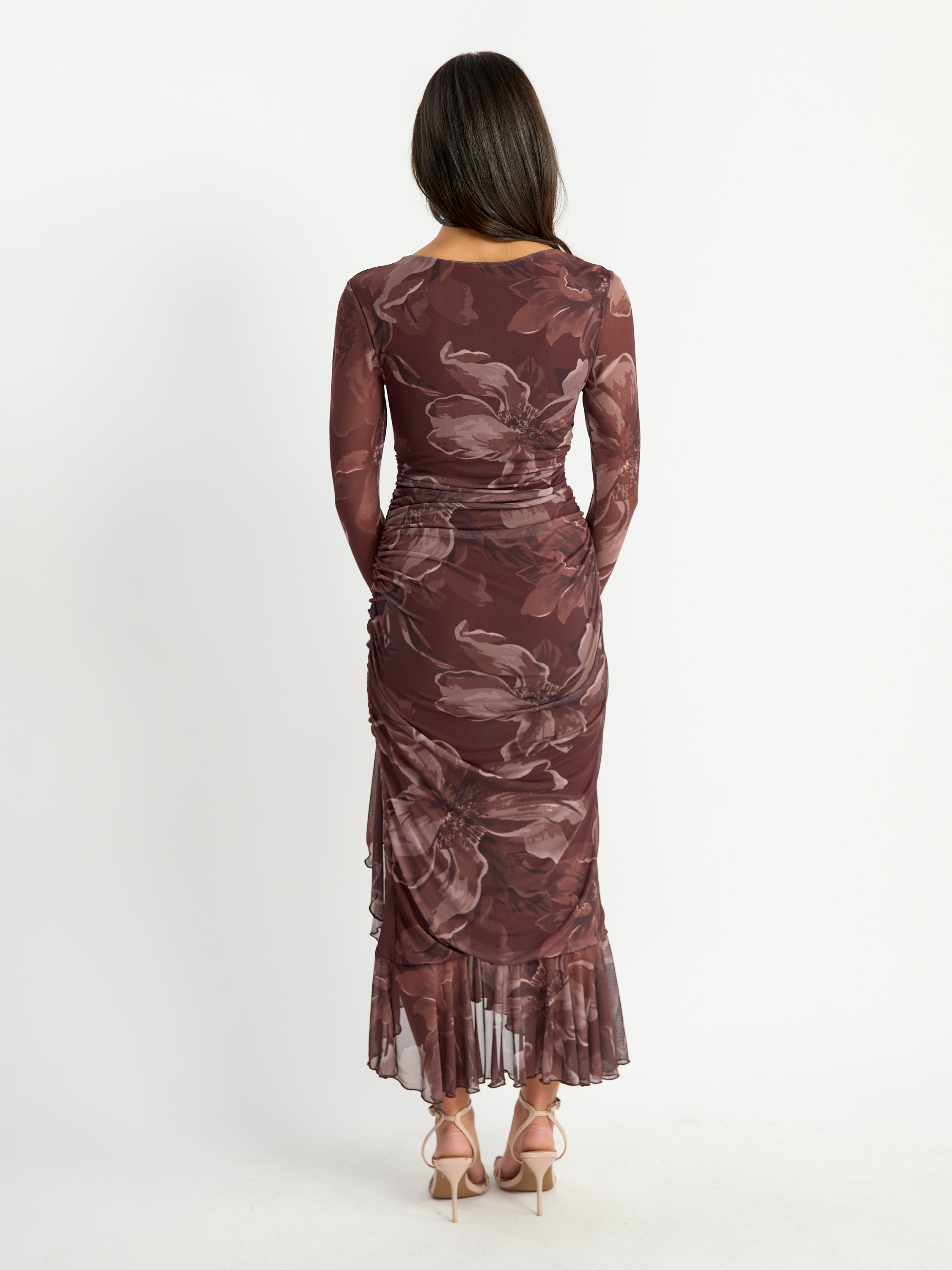 Mira Printed Mesh Ruffle Bottom Maxi Dress
