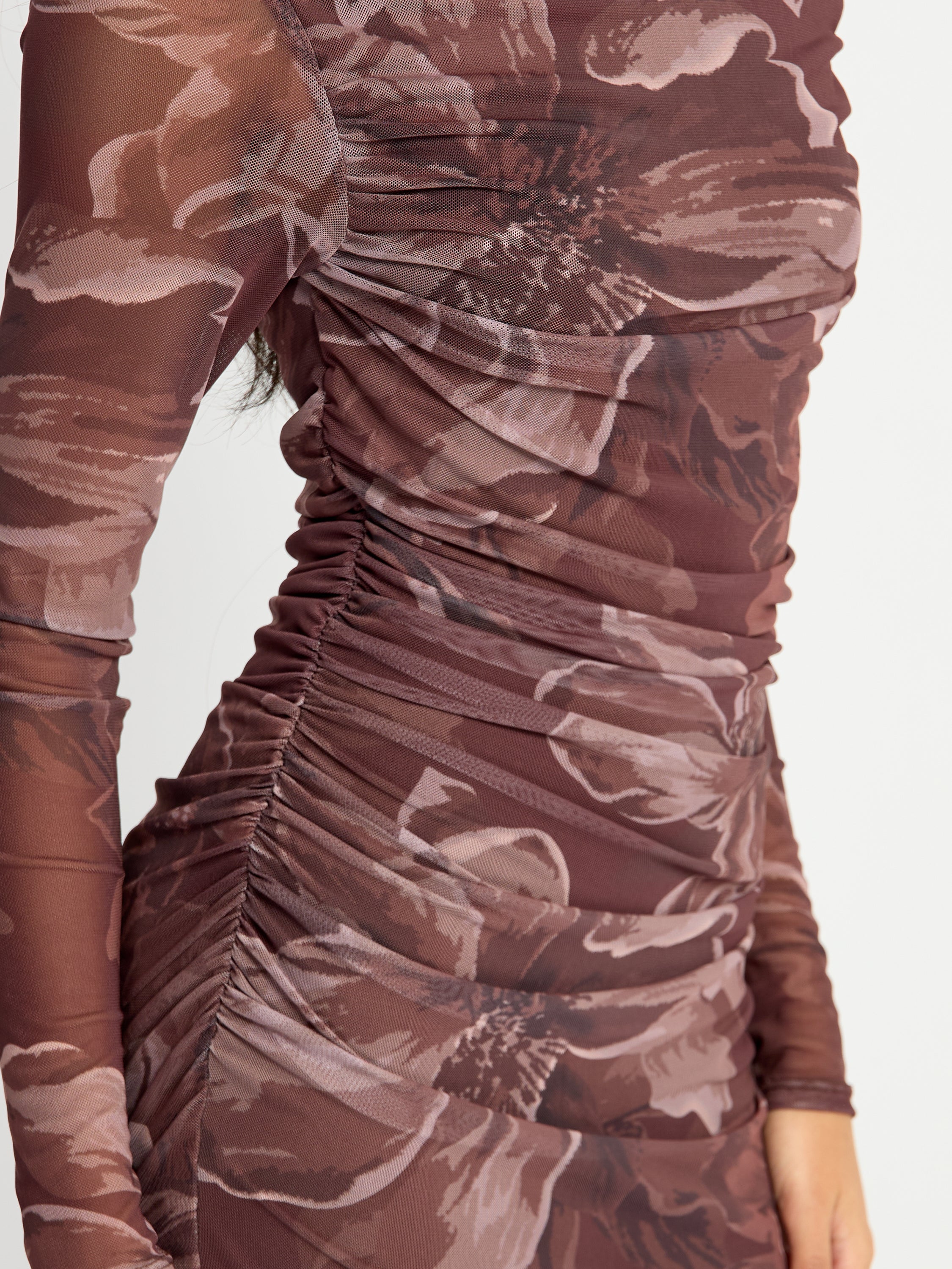 Mira Printed Mesh Ruffle Bottom Maxi Dress