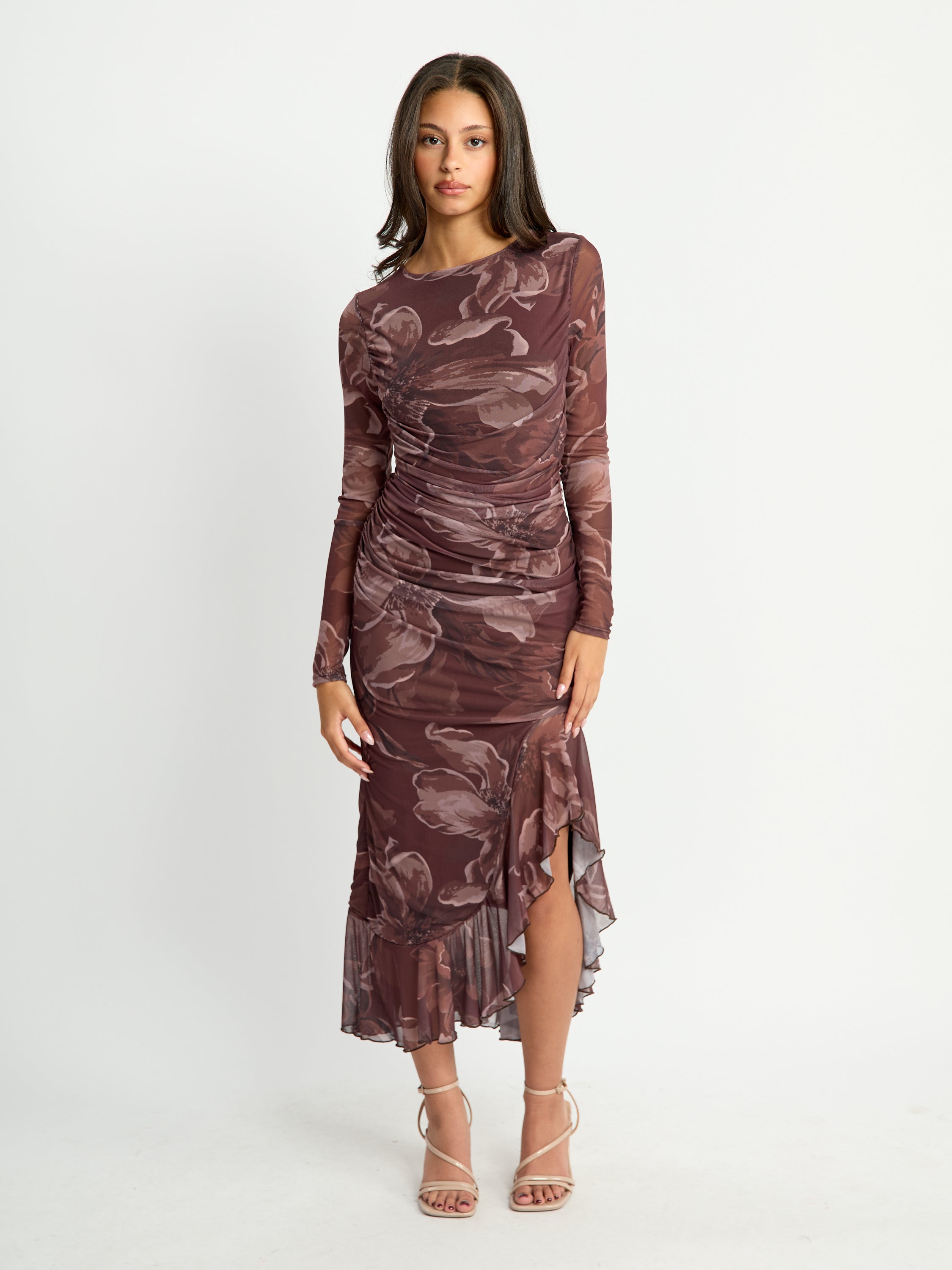 Mira Printed Mesh Ruffle Bottom Maxi Dress