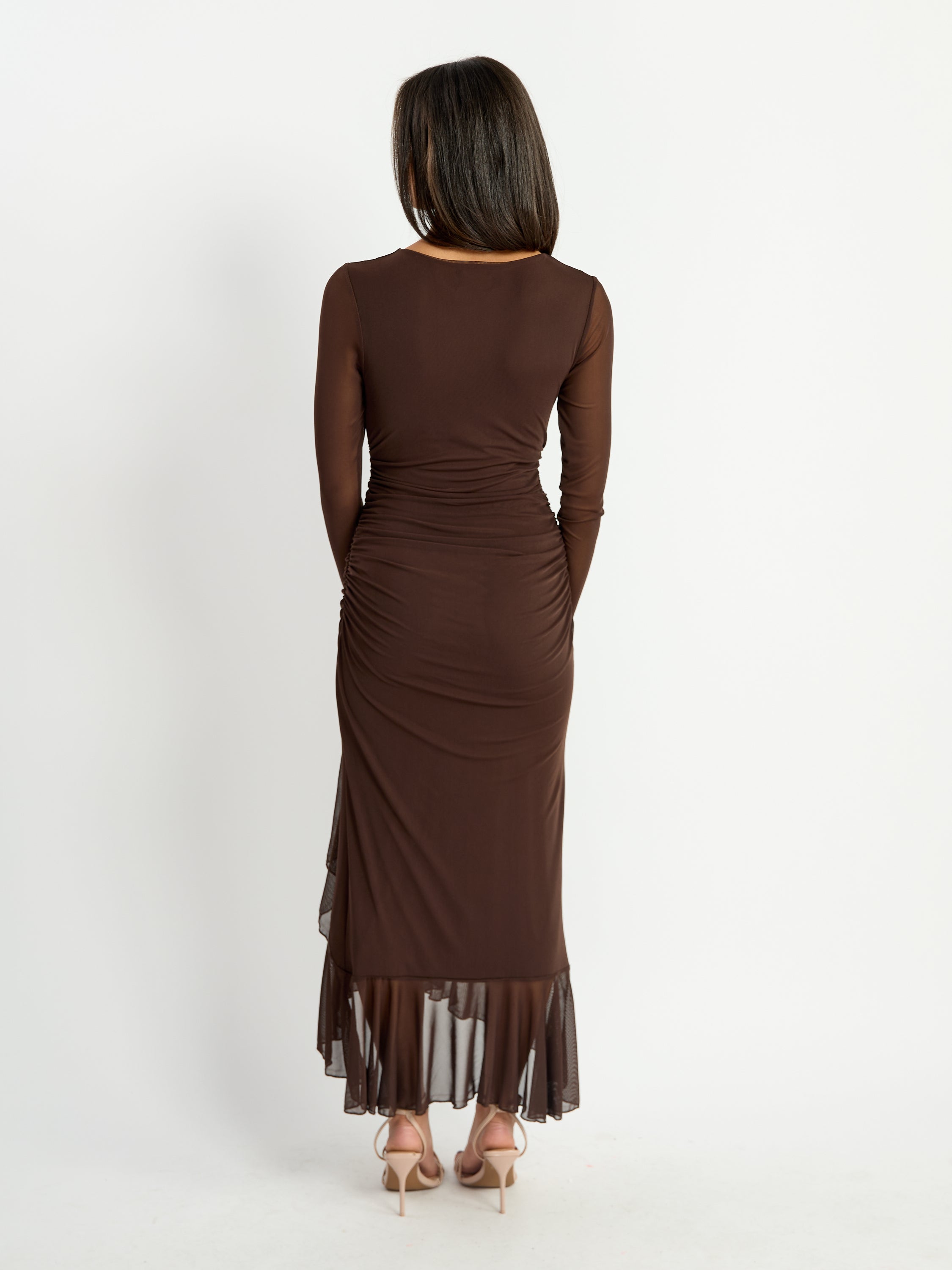 Mira Solid Mesh Ruffle Bottom Maxi Dress