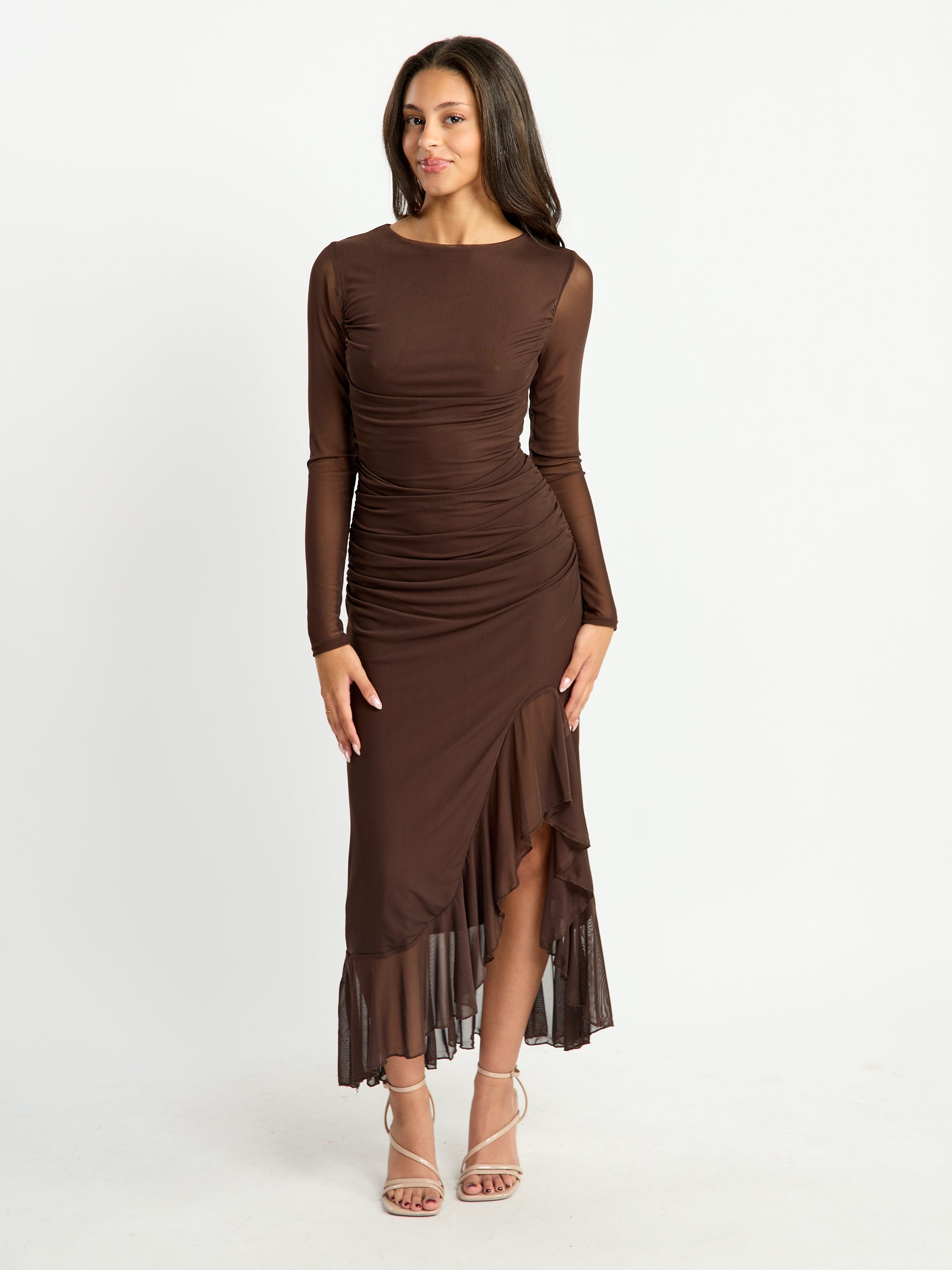 Mira Solid Mesh Ruffle Bottom Maxi Dress