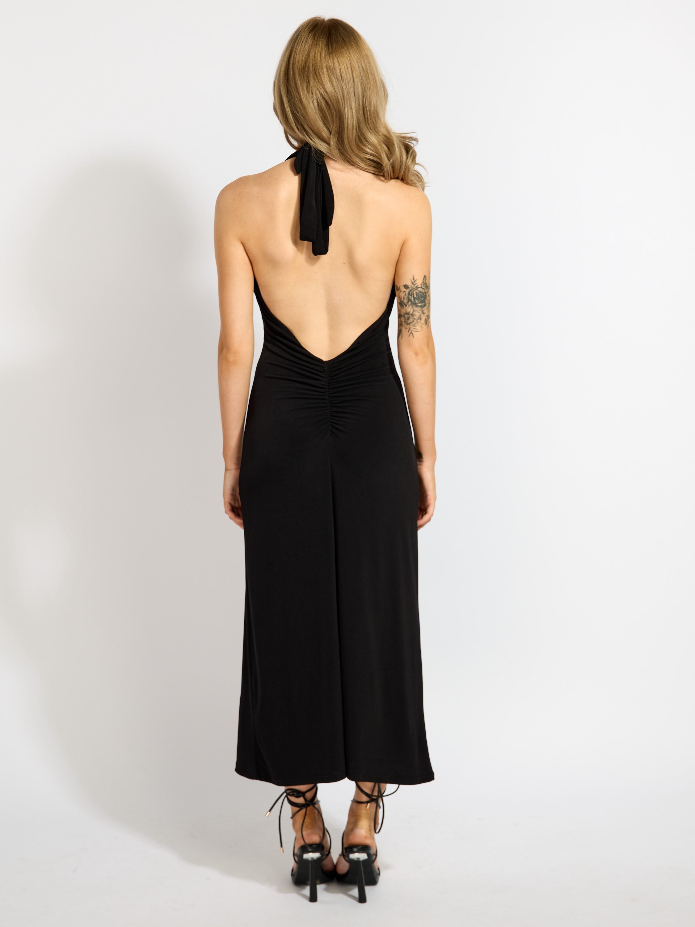 Haven Halter Back Ruched Midi Dress
