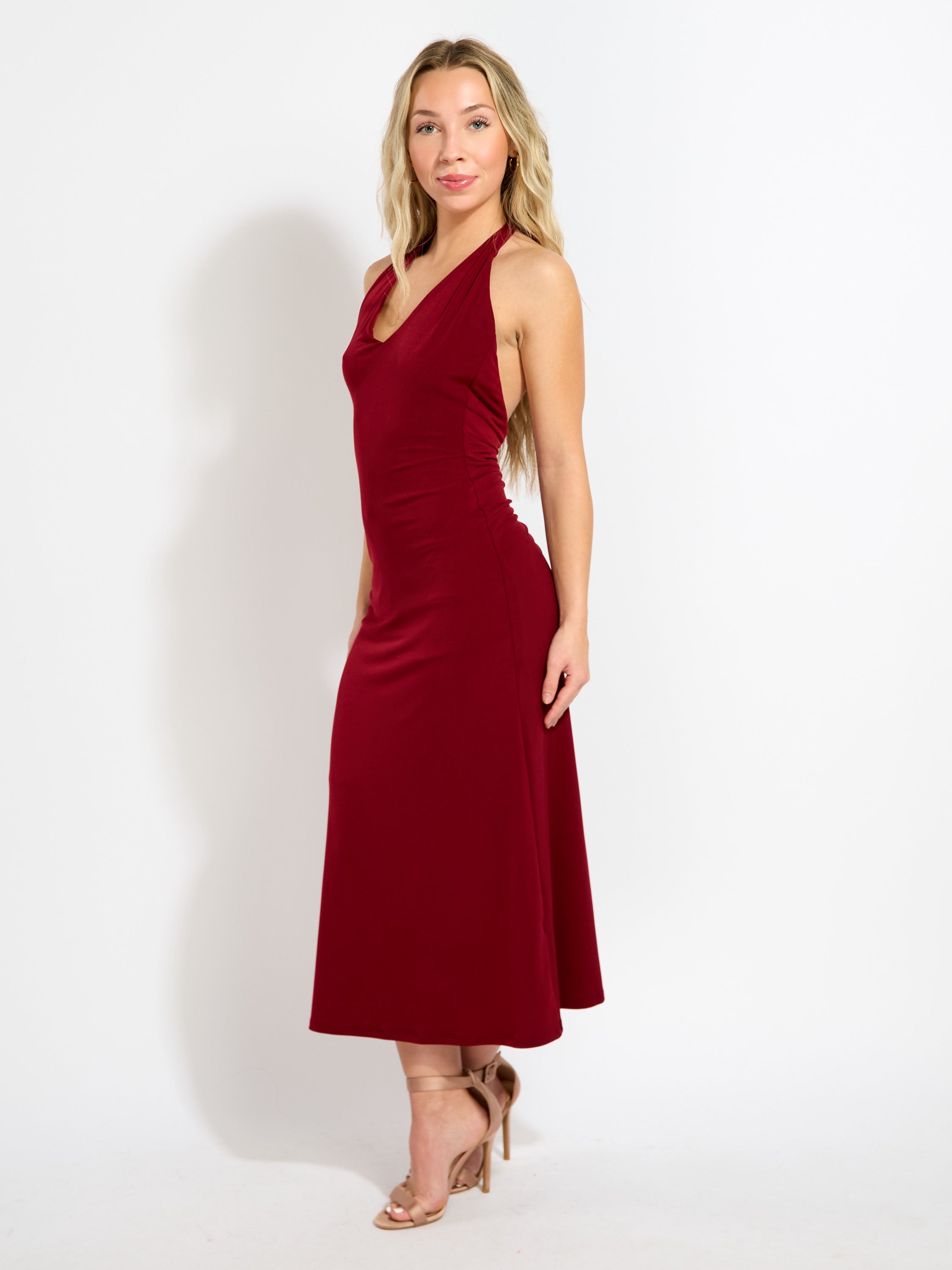 Haven Halter Back Ruched Midi Dress