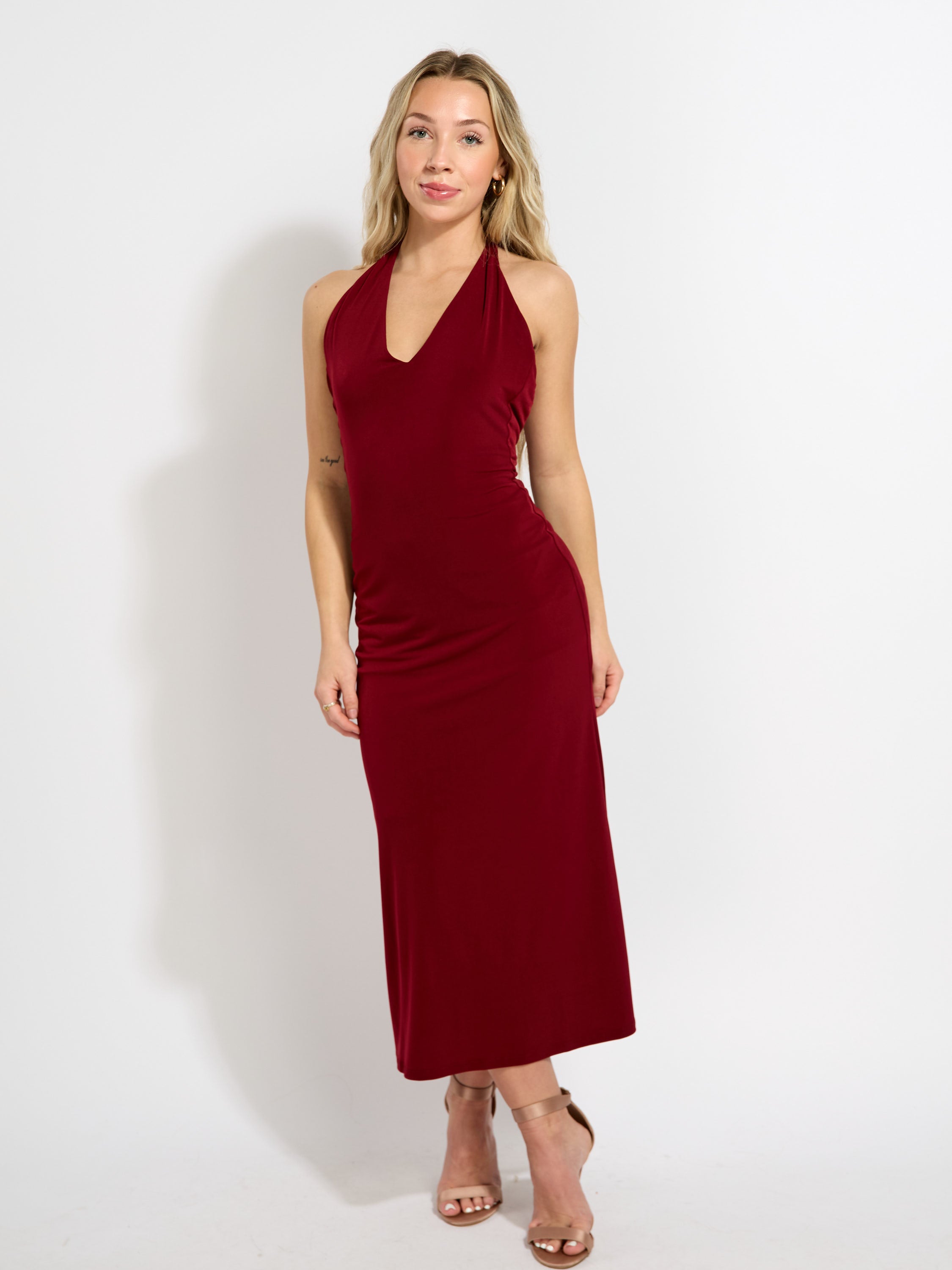 Haven Halter Back Ruched Midi Dress