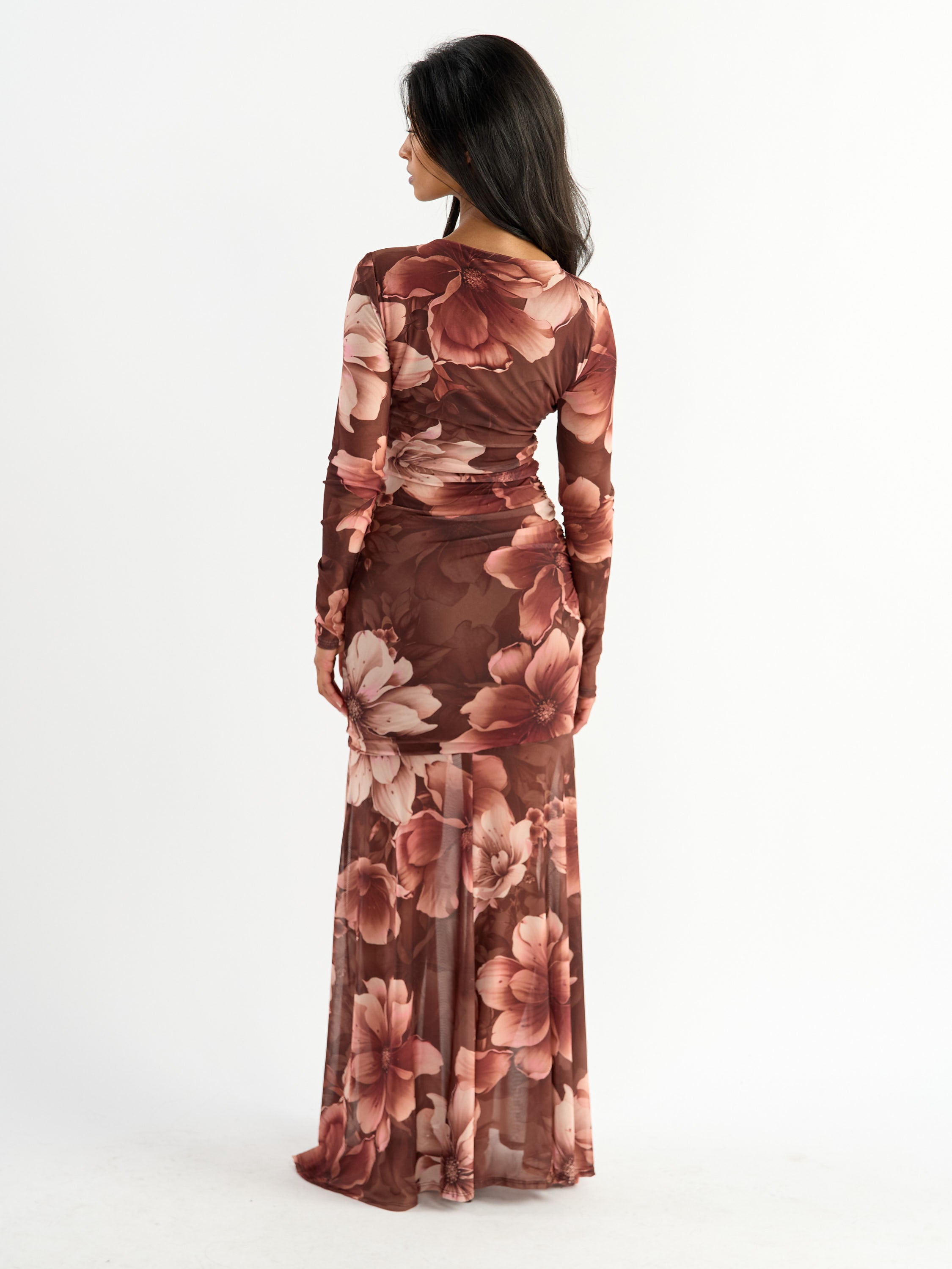 Free Long Sleeve Mesh Print Maxi Dress