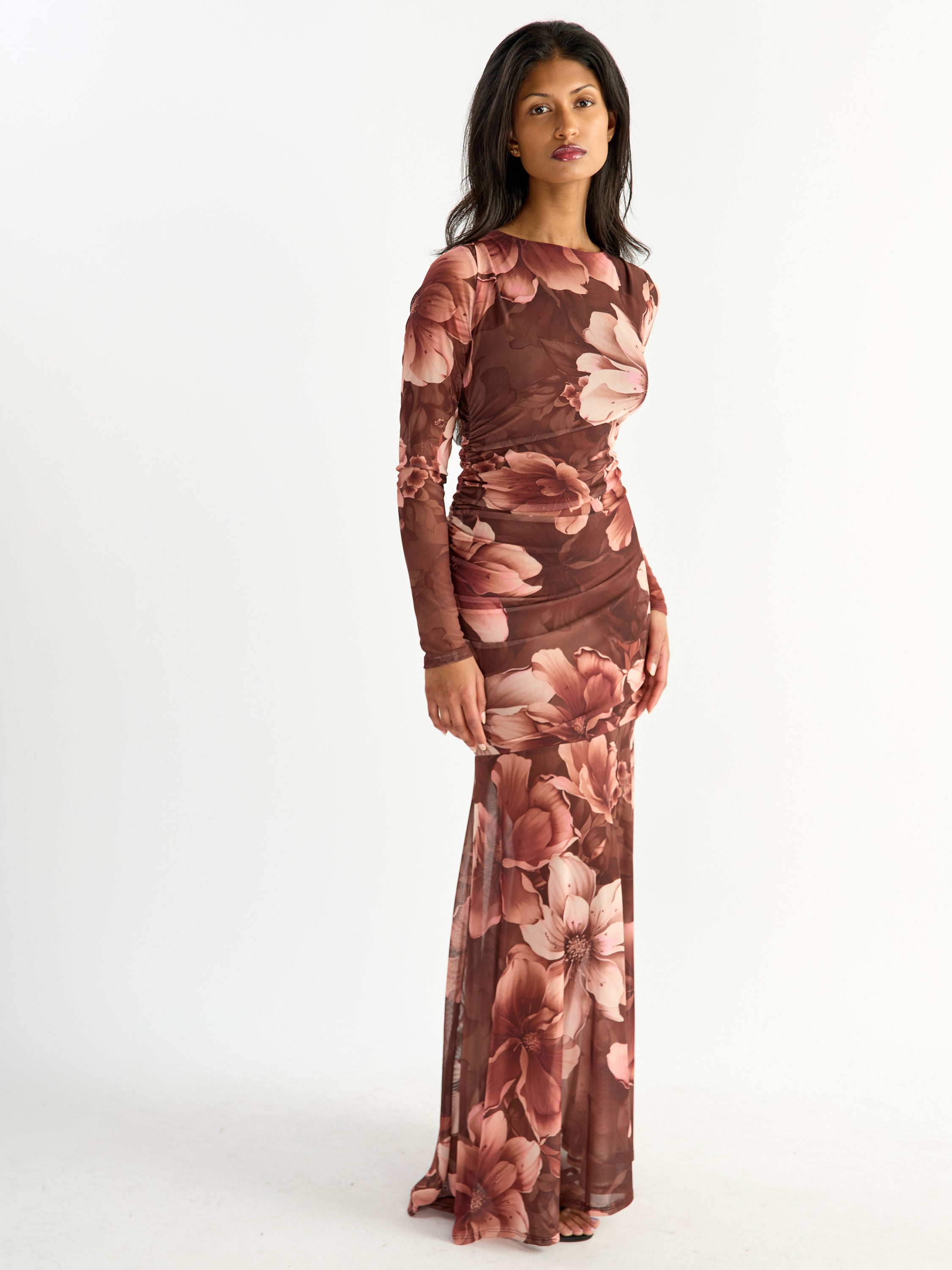 Free Long Sleeve Mesh Print Maxi Dress