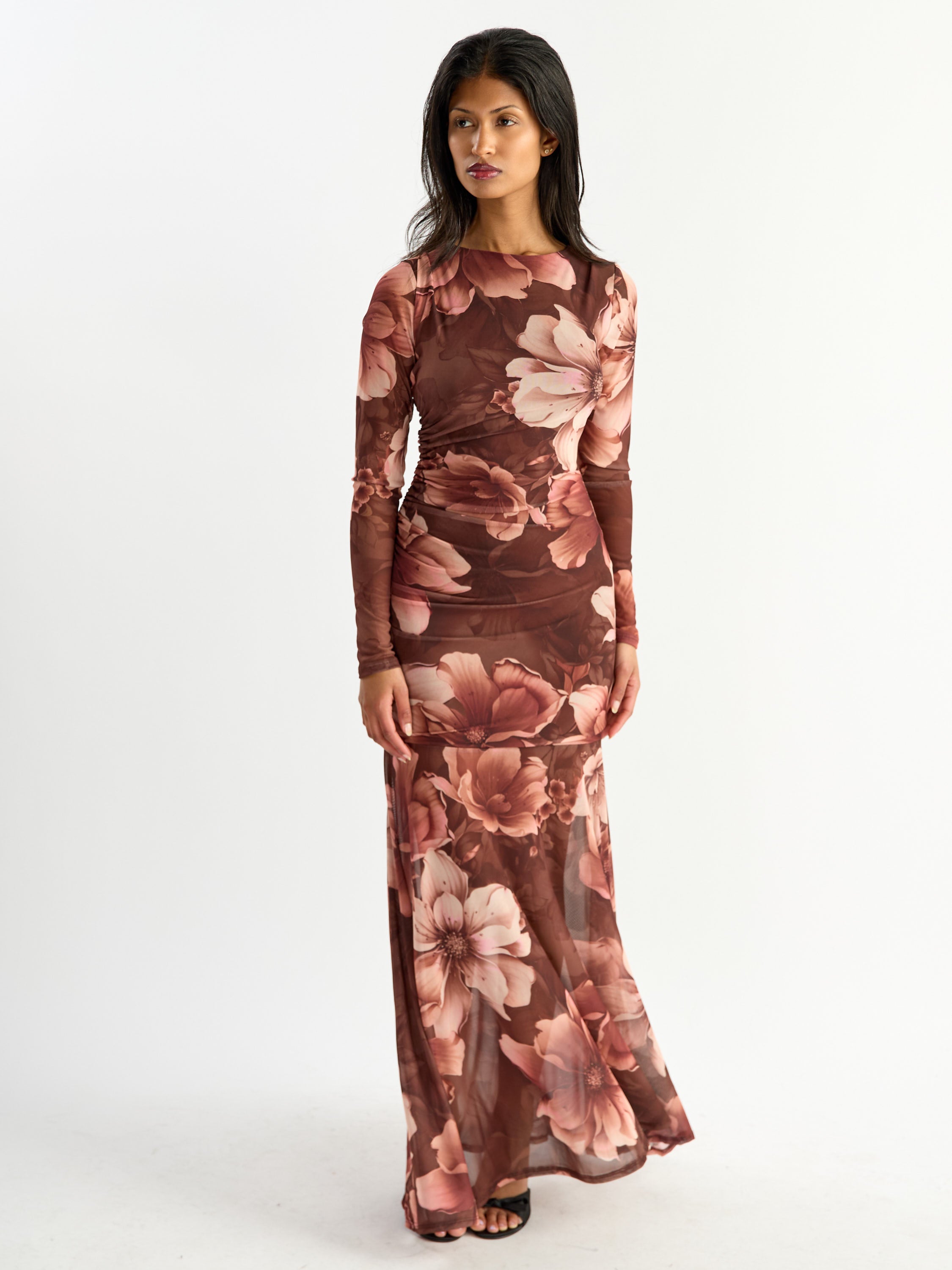 Free Long Sleeve Mesh Print Maxi Dress