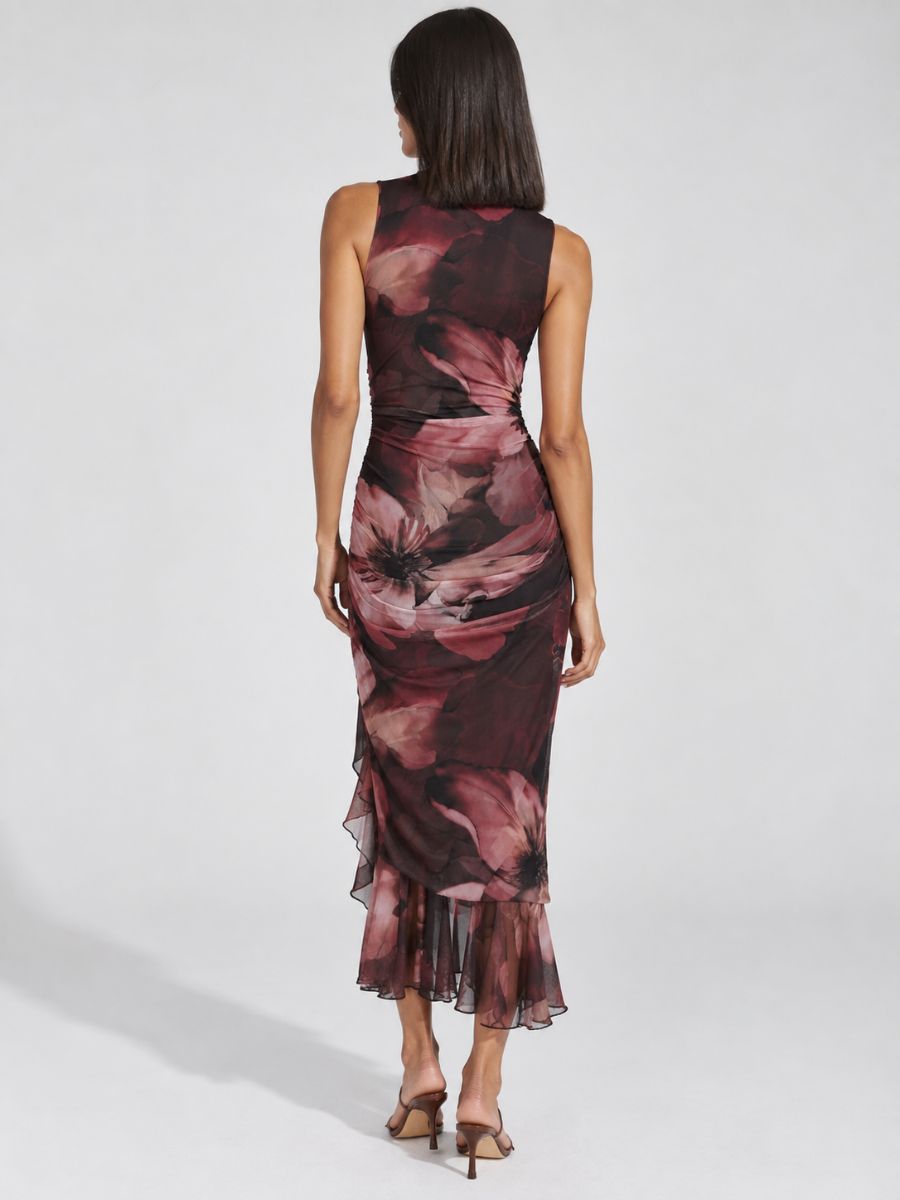 Mira Sleeveless Ruffle Print Midi Dress