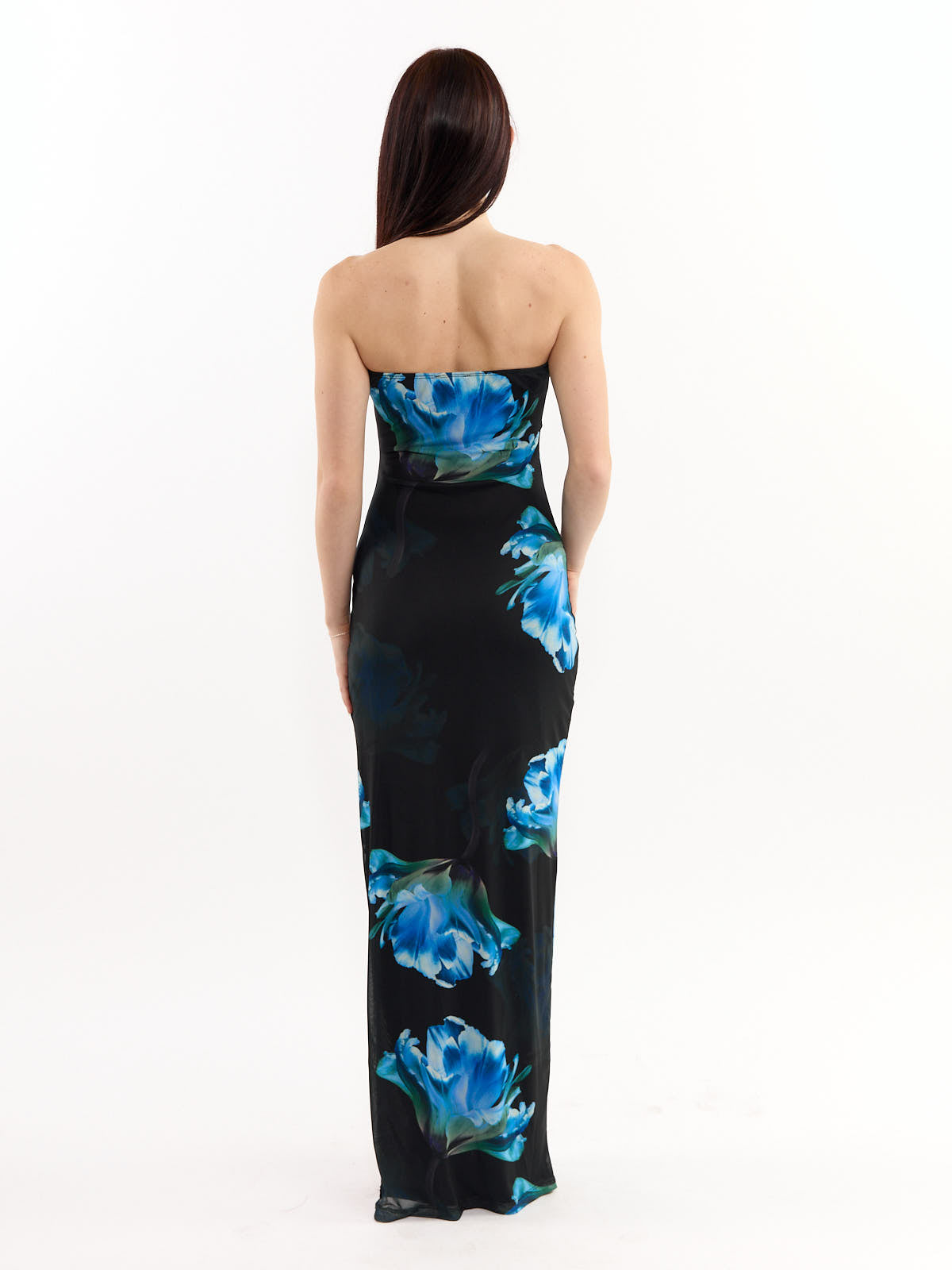 Lipa Blue Floral Mesh Strapless Dress