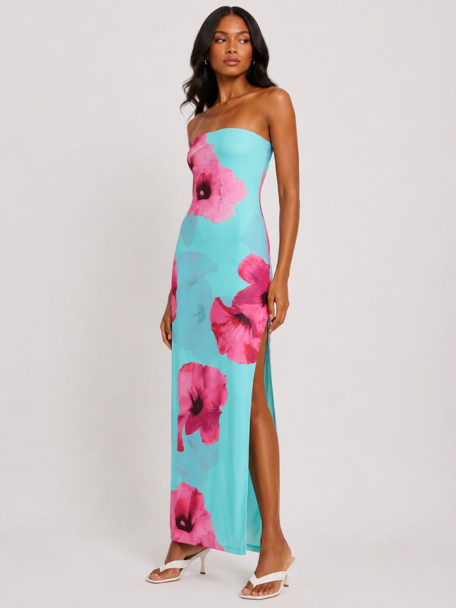 Lipa Aqua Strapless Mesh Long Dress