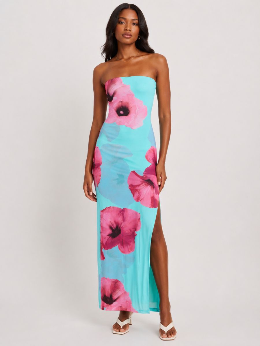 Lipa Aqua Strapless Mesh Long Dress