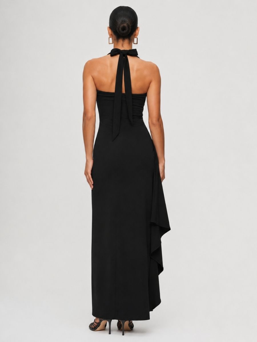 Porta Crepe Halter Ruffle Maxi Dress