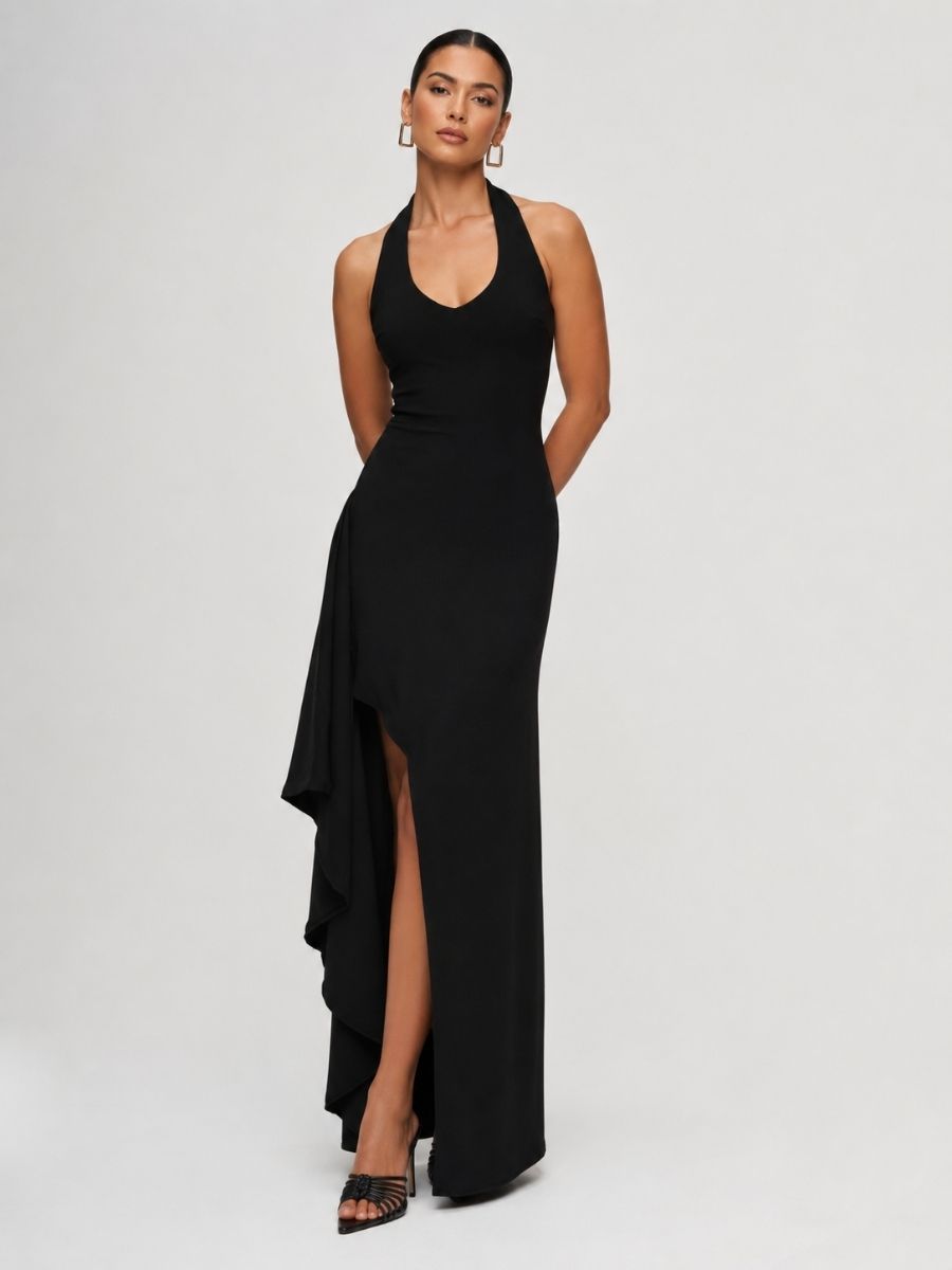 Porta Crepe Halter Ruffle Maxi Dress