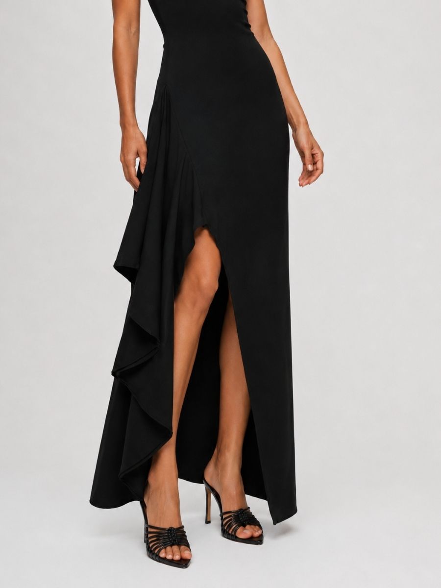 Porta Crepe Halter Ruffle Maxi Dress
