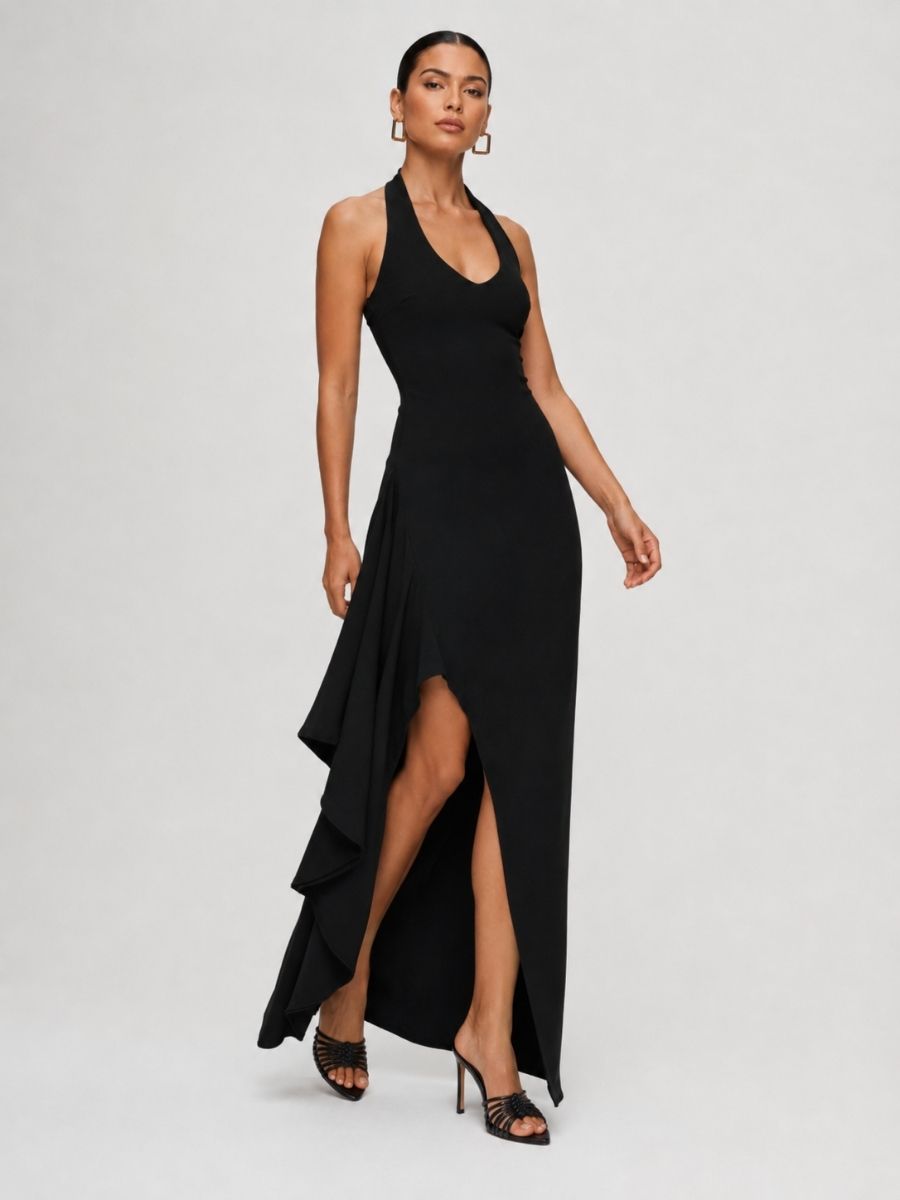 Porta Crepe Halter Ruffle Maxi Dress